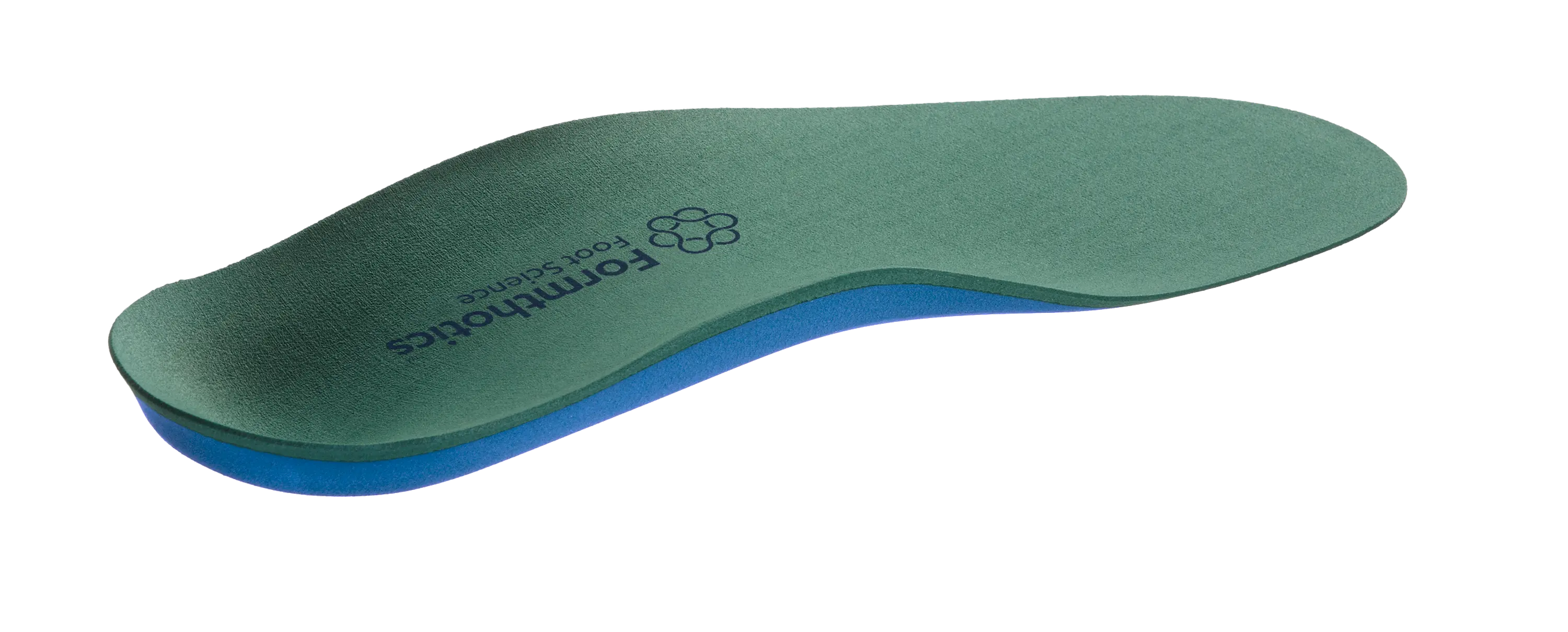 Formthotics Wide Fit Dual Medium orthotic insole viewed at an angle, showing the green footbed, raised arch and blue lower layer.
