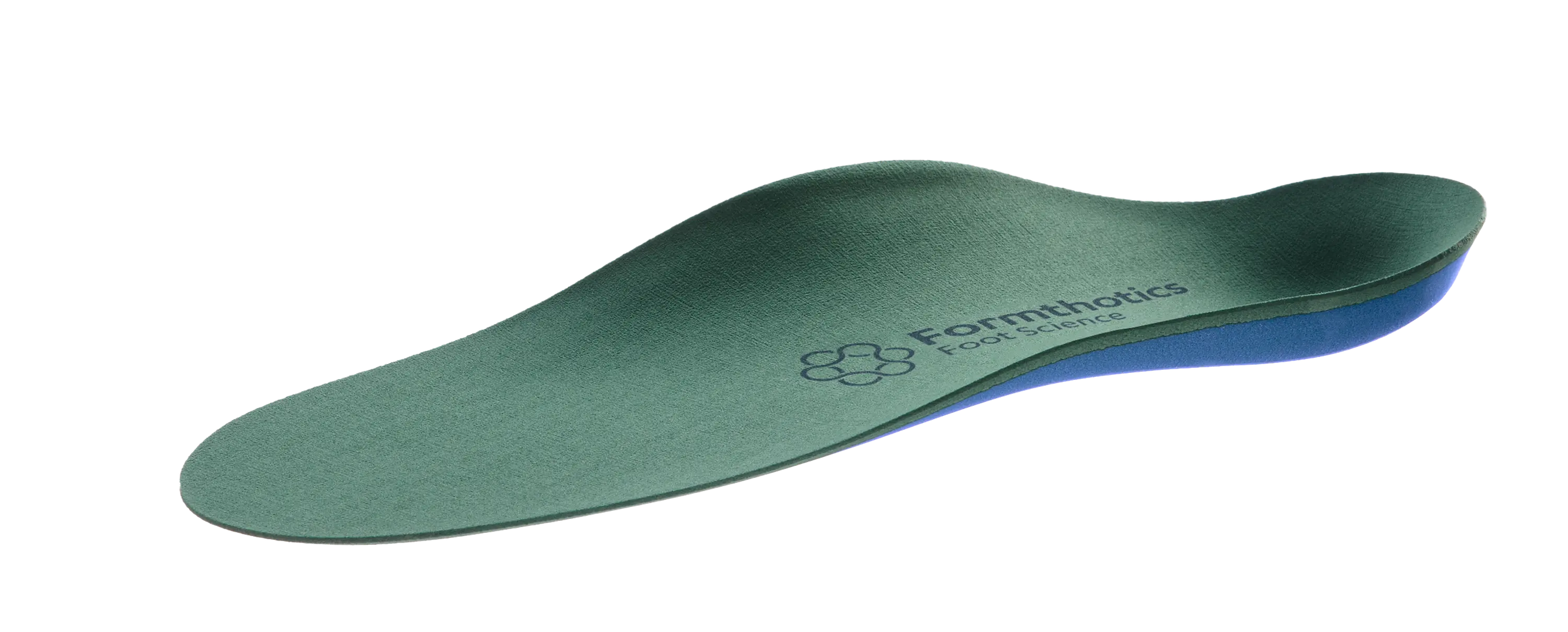 Formthotics Wide Fit Dual Medium orthotic insole at an angle, showing its wide green footbed and blue lower layer.