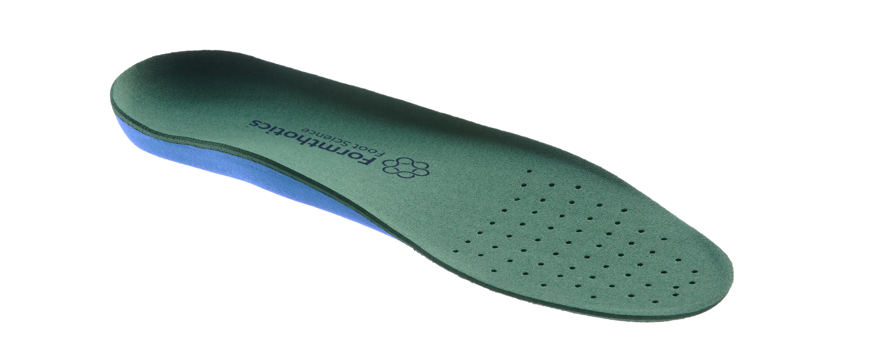 Formthotics Slim Fit Dual Medium Perforated insole, angled view showing its heel cup, perforated green forefoot and blue base.