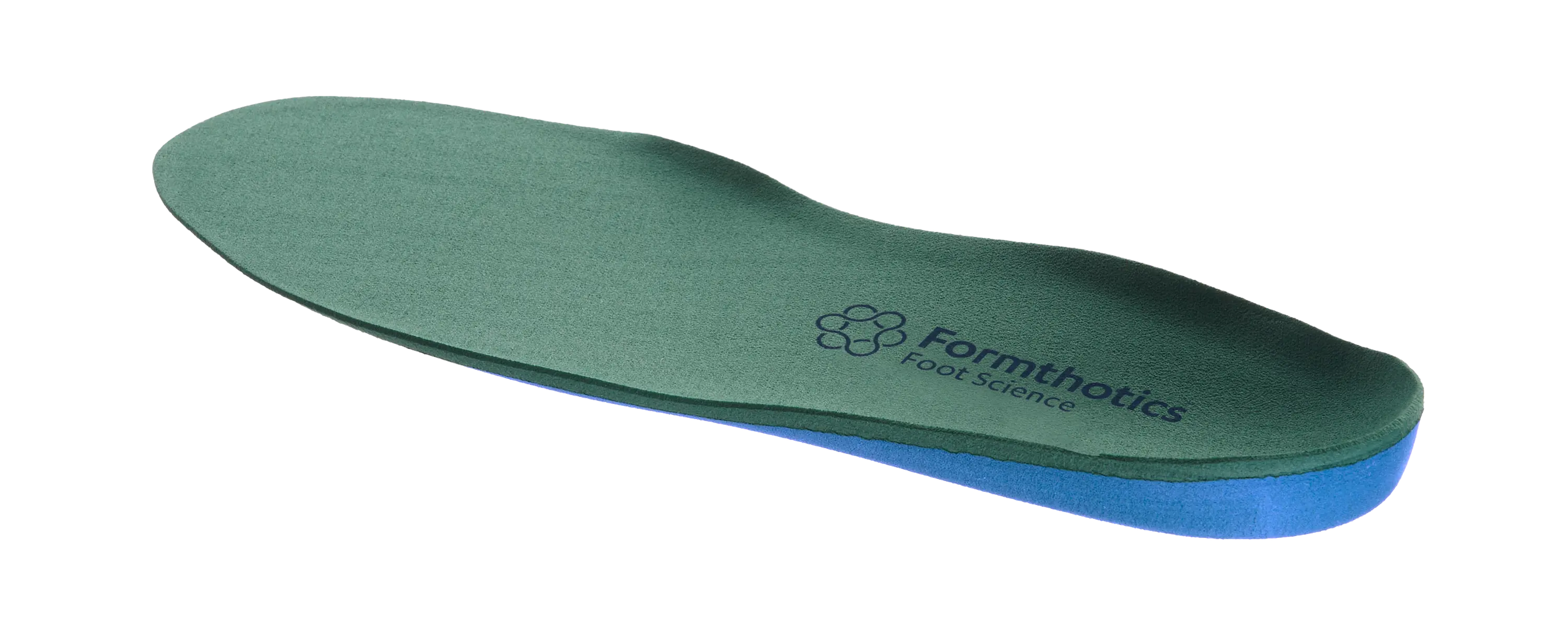 Formthotics Low Profile Dual Medium insole viewed from the heel, showing its green contoured top and blue lower layer.