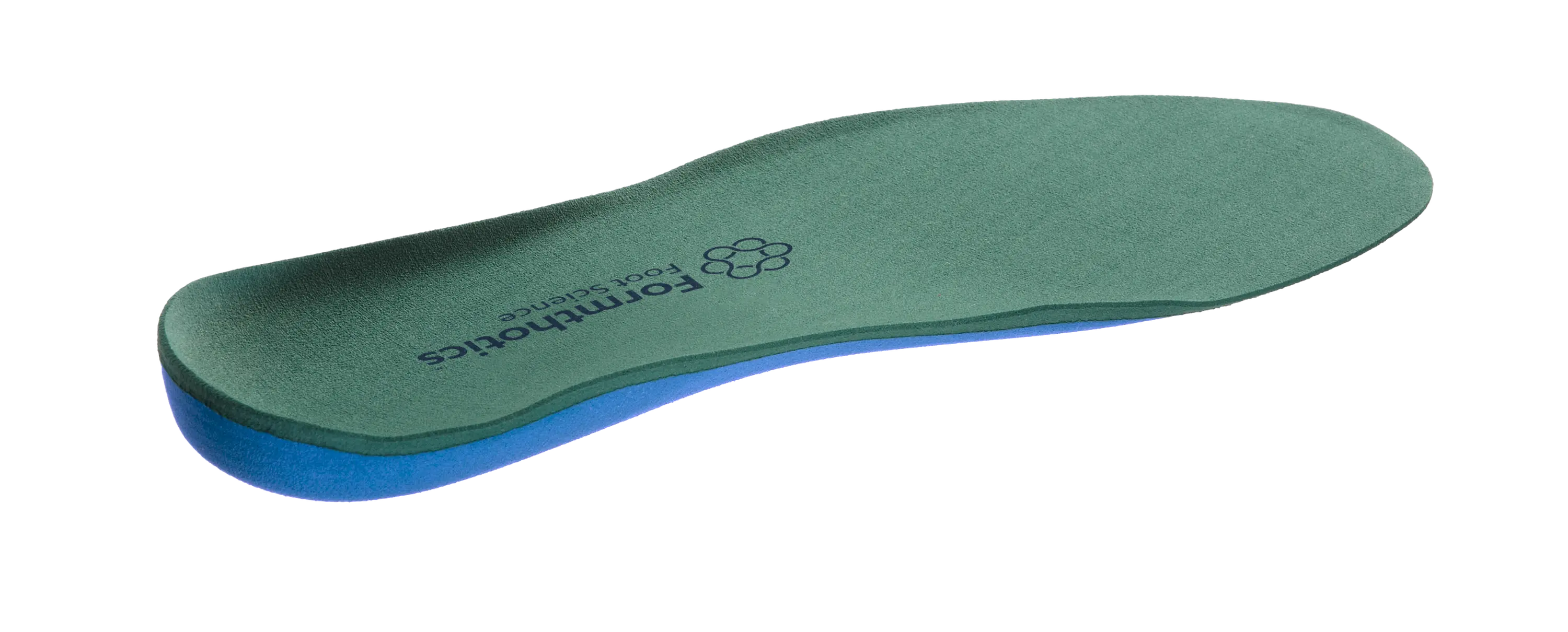 Formthotics Low Profile Dual Medium insole viewed from the opposite side, showing the green heel cup and blue lower layer.