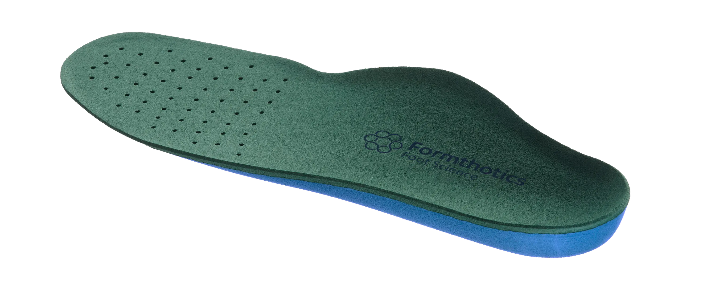 Side view of the Formthotics Slim Fit Dual Medium Perforated insole, showing the perforated green forefoot and blue lower layer.