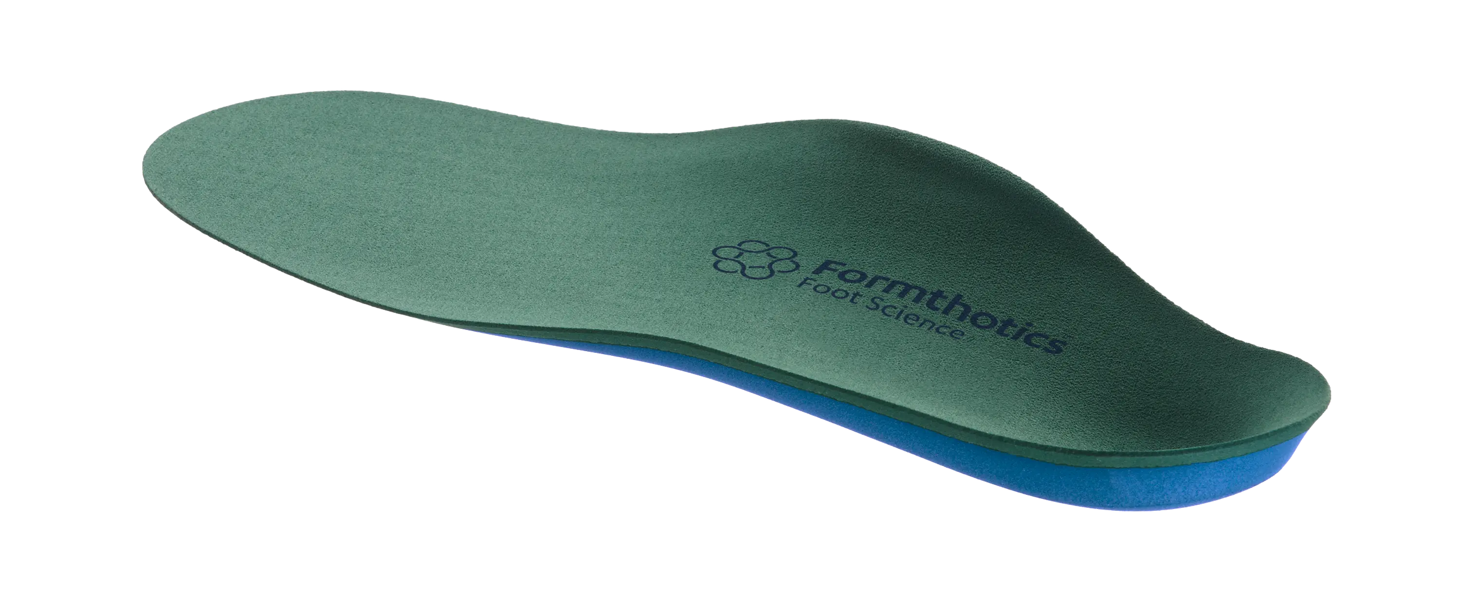 Formthotics Wide Fit Dual Medium orthotic insole from an angled side view, showing the green footbed, contoured heel and blue lower layer.