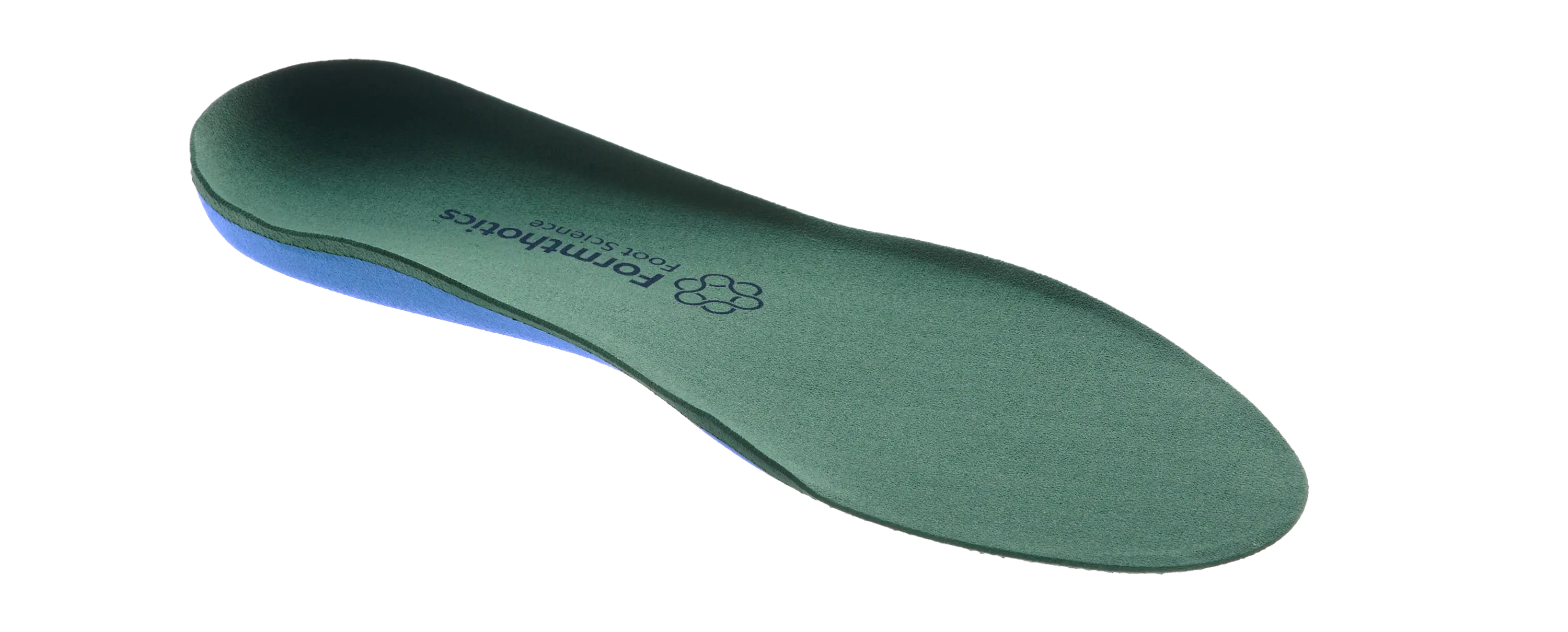 Formthotics Low Profile Dual Medium orthotic insole viewed from another angle, showing its contoured green top and blue lower layer.