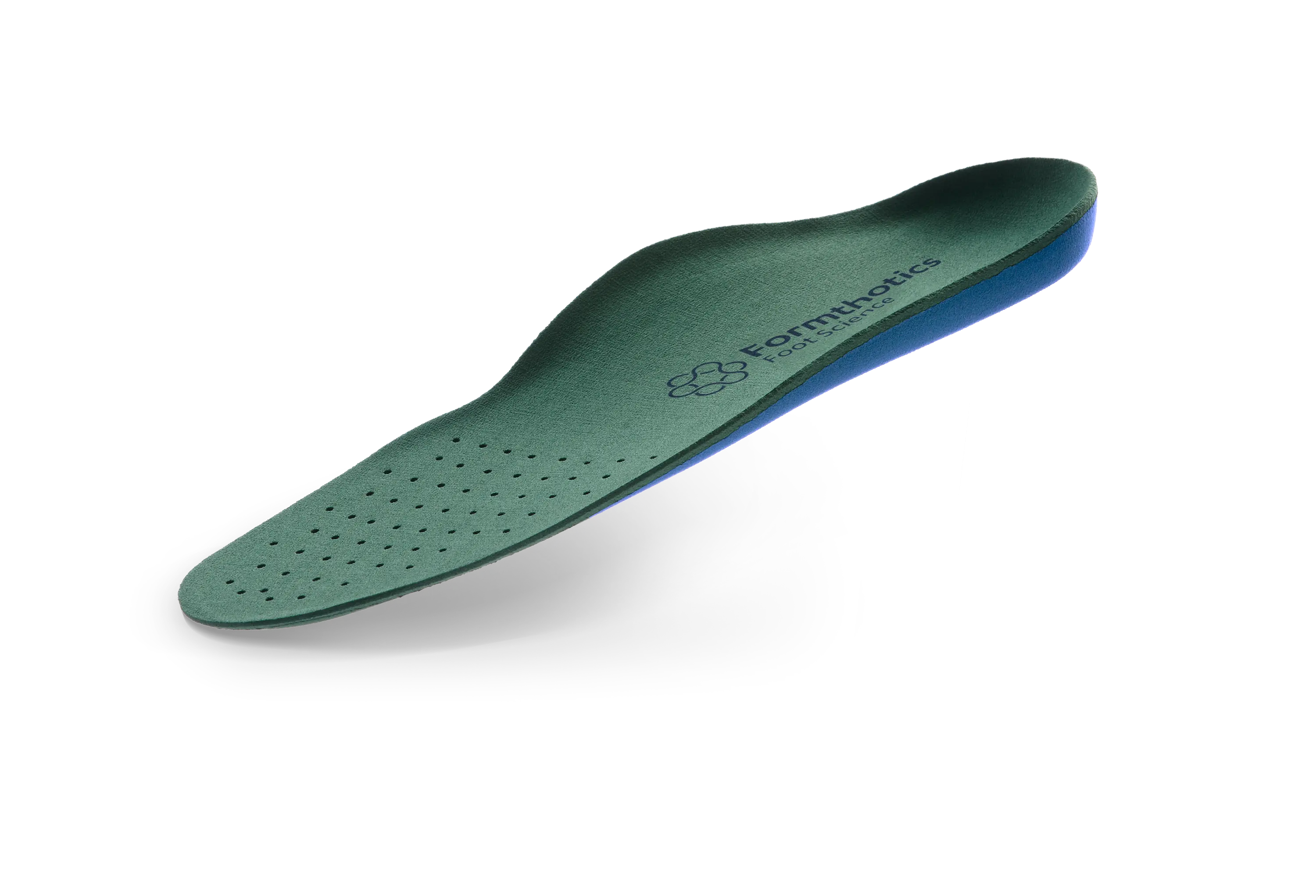 Formthotics Slim Fit Dual Medium Perforated insole, showing its green top with forefoot perforations and blue lower layer.
