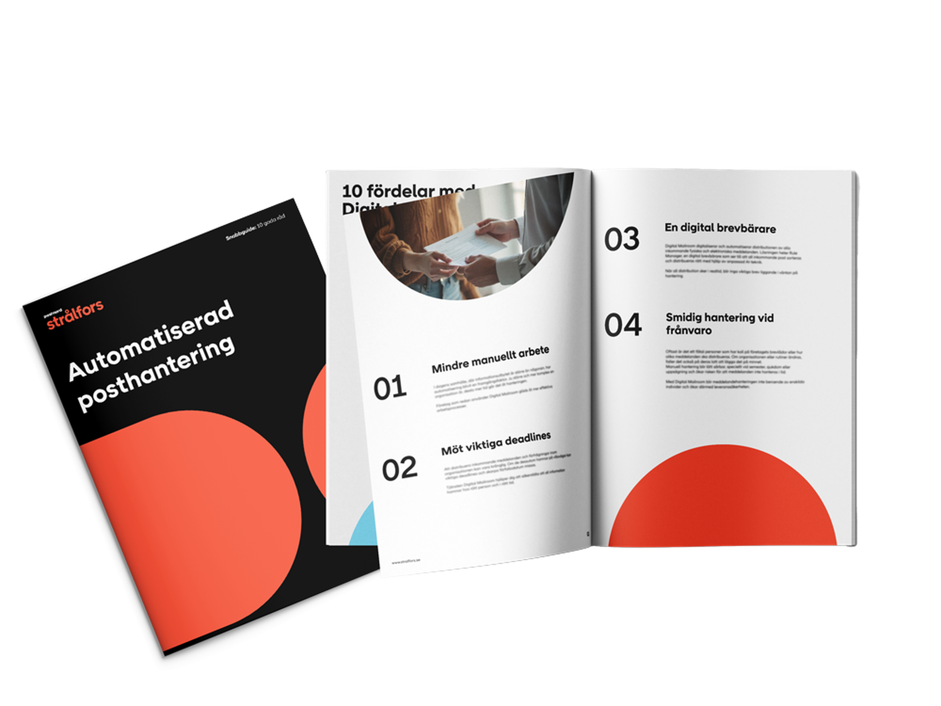 Open booklet with cover titled "Automatiserad posthantering" next to pages listing benefits with numbers and orange accents.