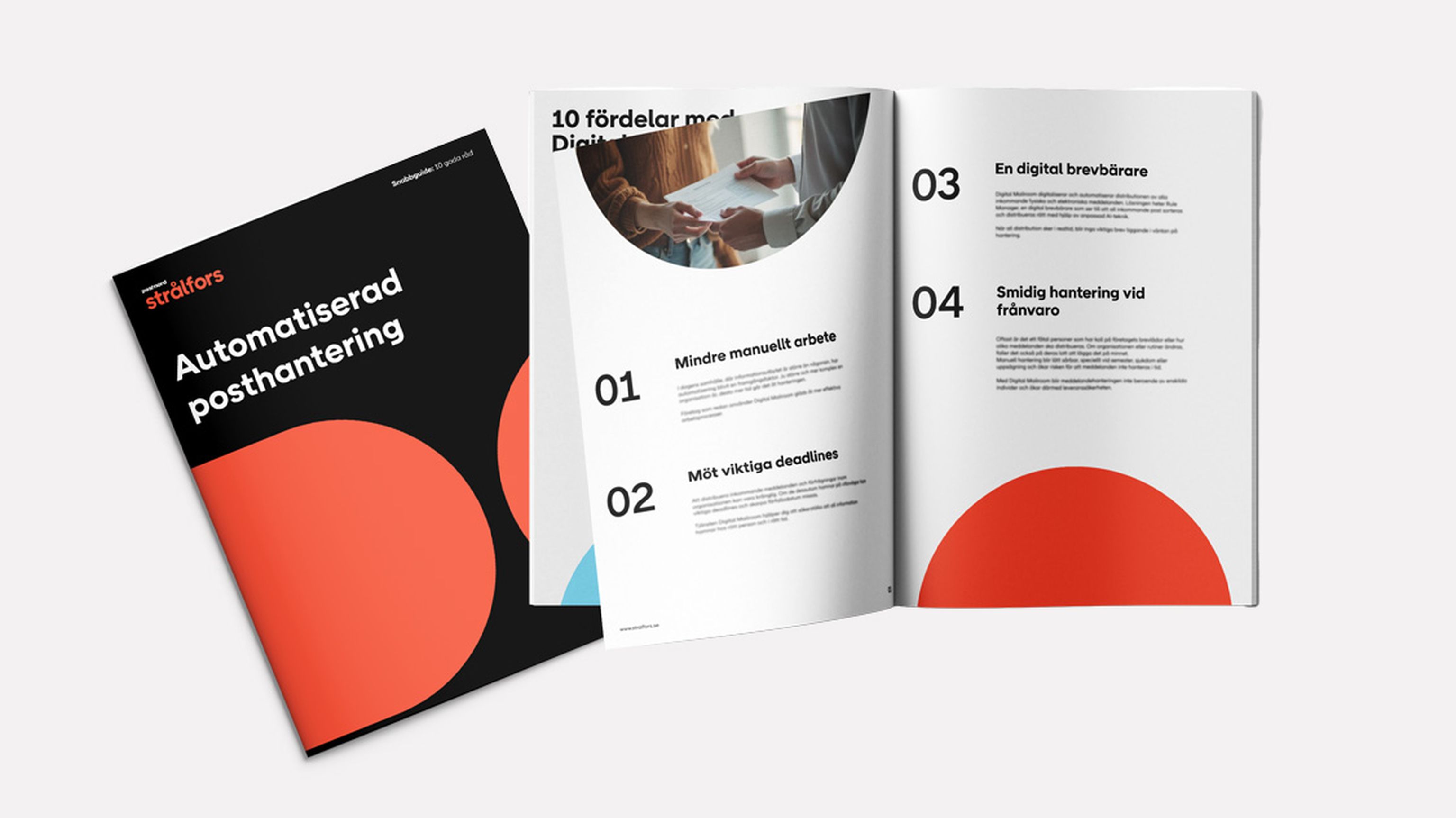 Uppslagen broschyr som presenterar fördelar med automatiserad posthantering.