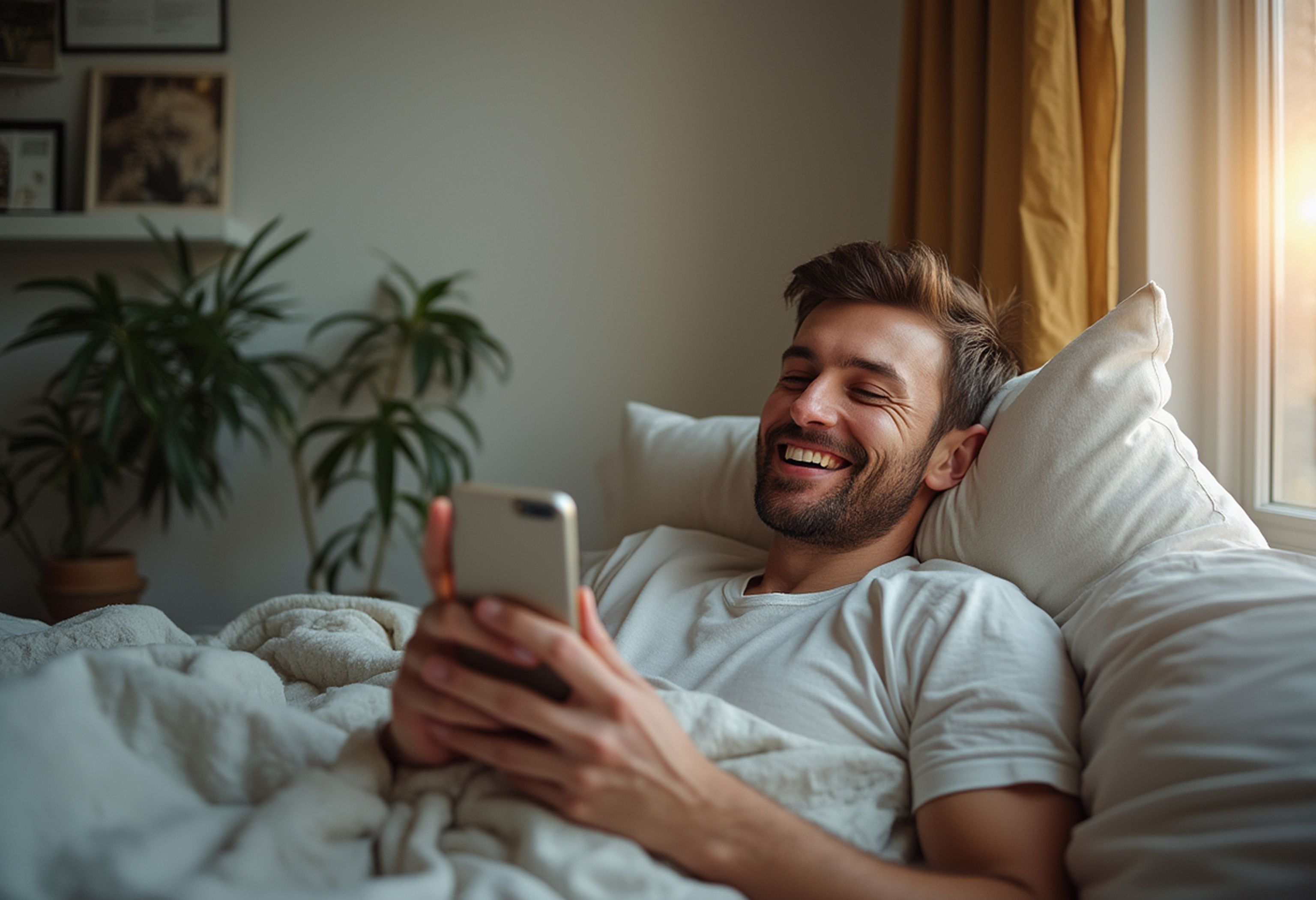 Hymyilevä henkilö löhöää sängyssä ja katsoo käsissään olevaa puhelinta
