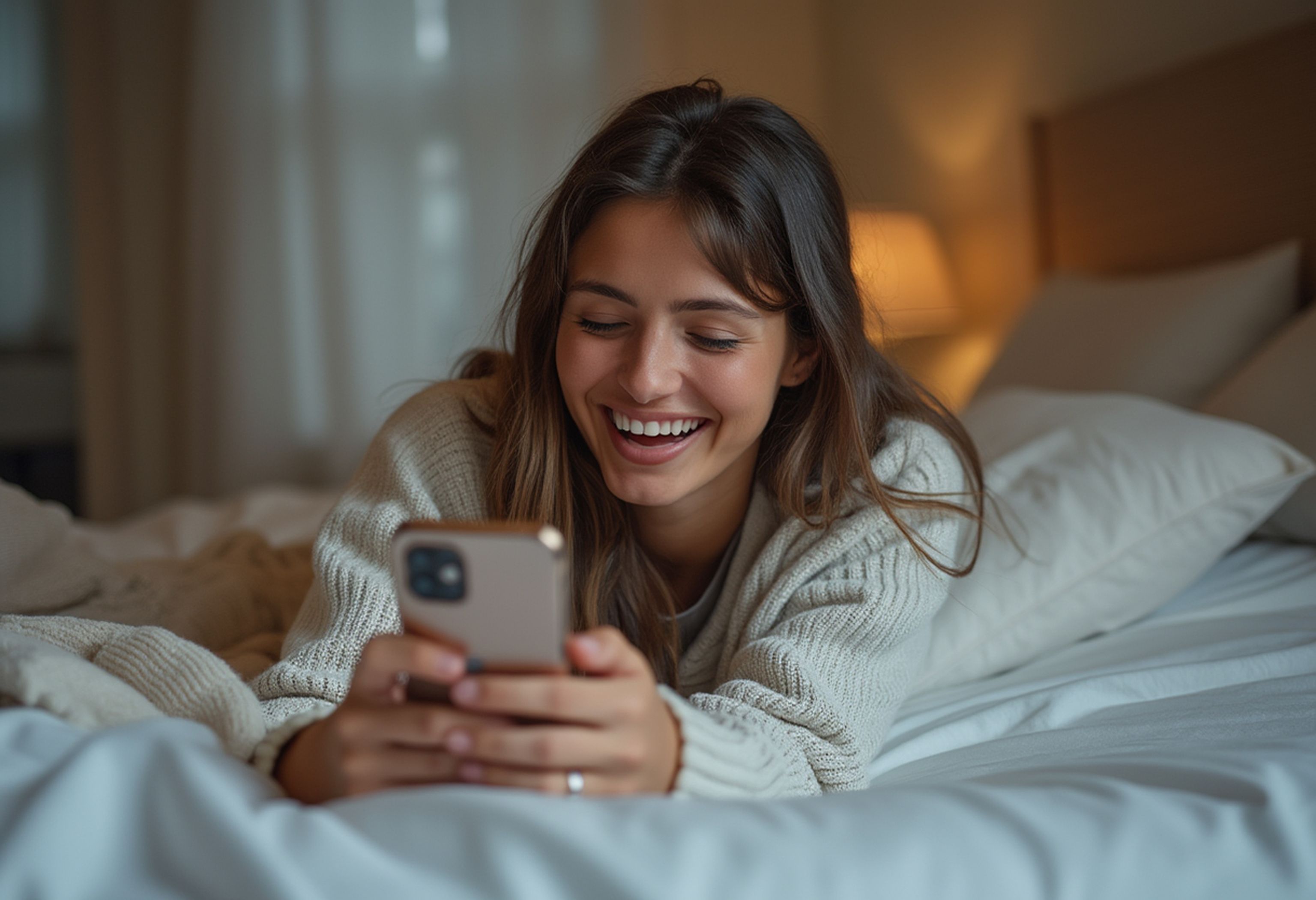 henkilö makaa sängyllä ja katsoo hymyillen puhelinta käsissään