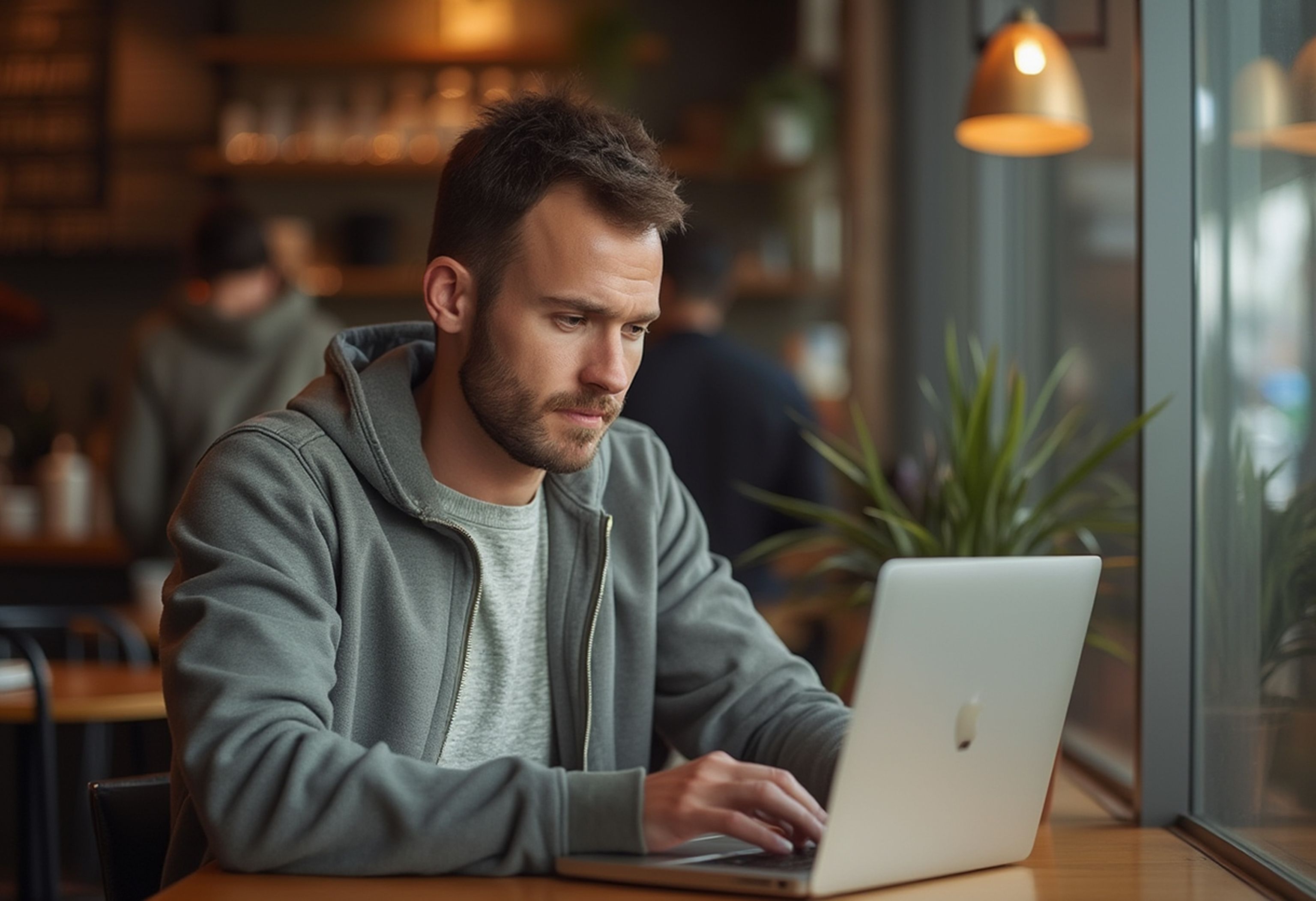 Man som sitter vid ett bord och arbetar på en dator i kafémiljö.