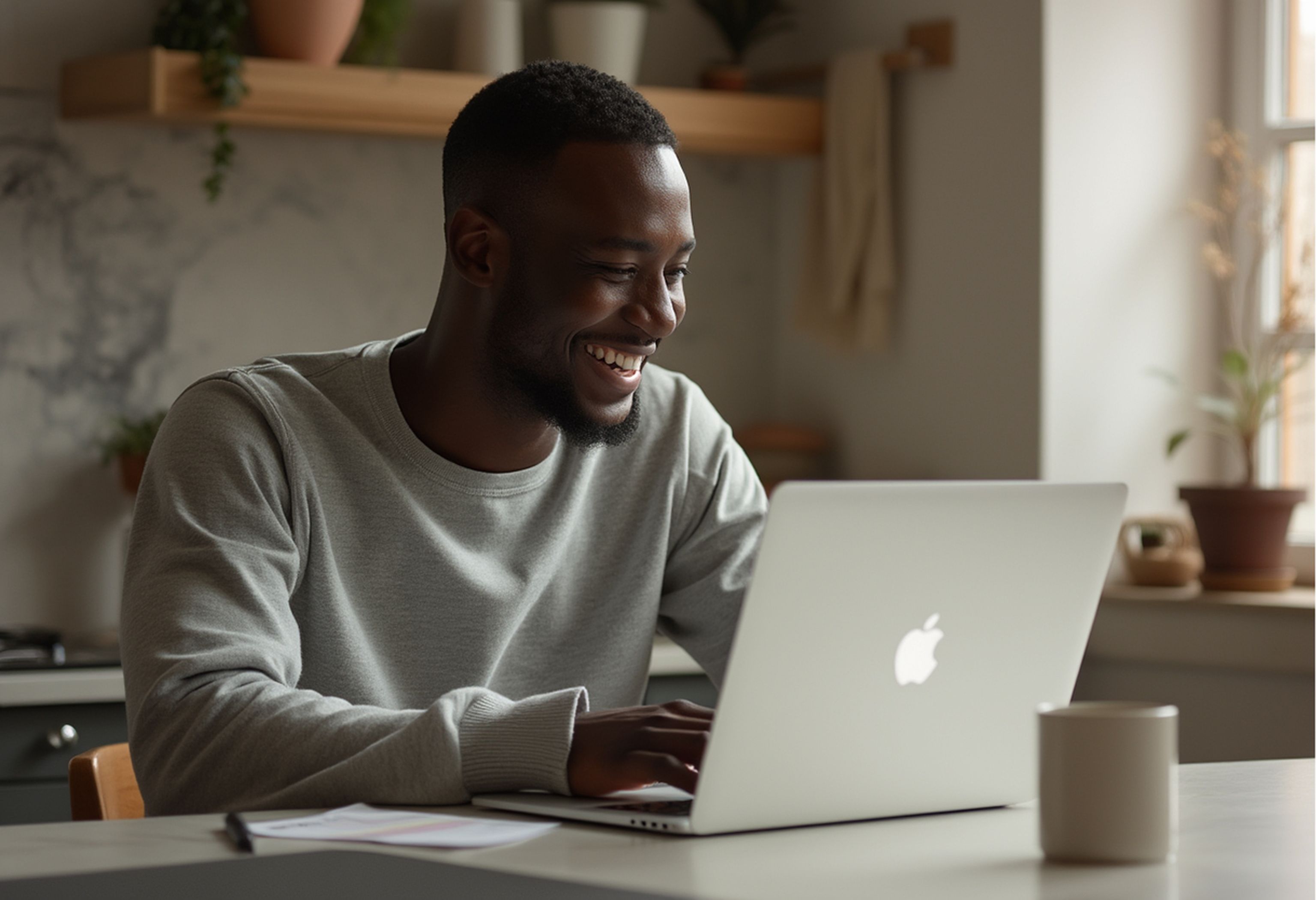 Man som skriver på sin laptop och ler.