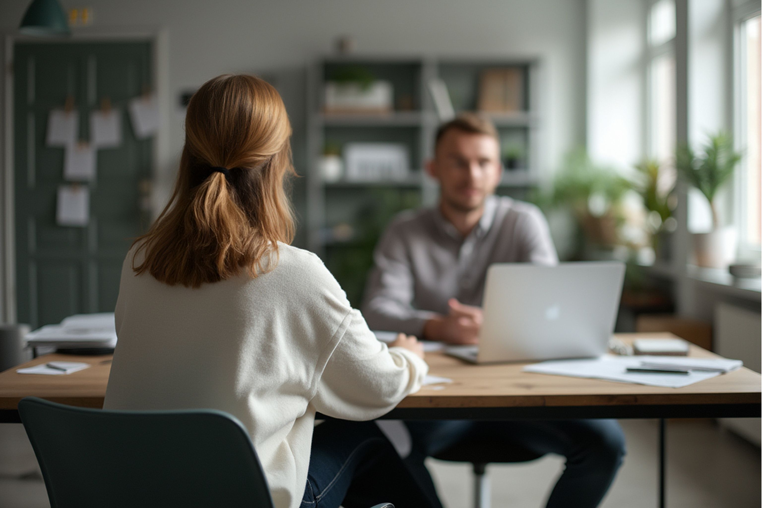 Två personer sitter mittemot varandra vid ett bord i ett kontor och samtalar. En laptop och papper ligger på bordet,