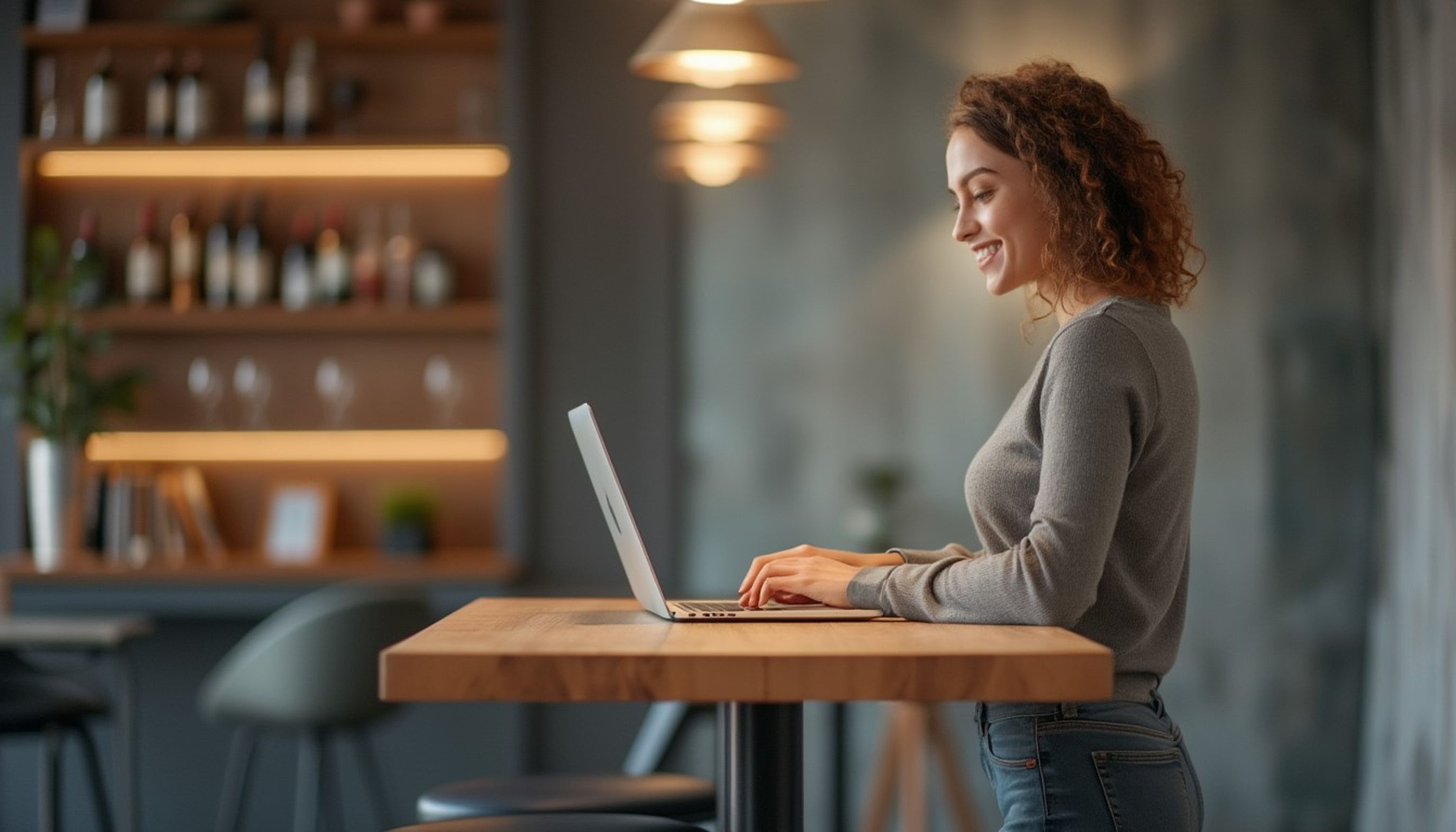 person som står vid ett bord och arbetar på en laptop