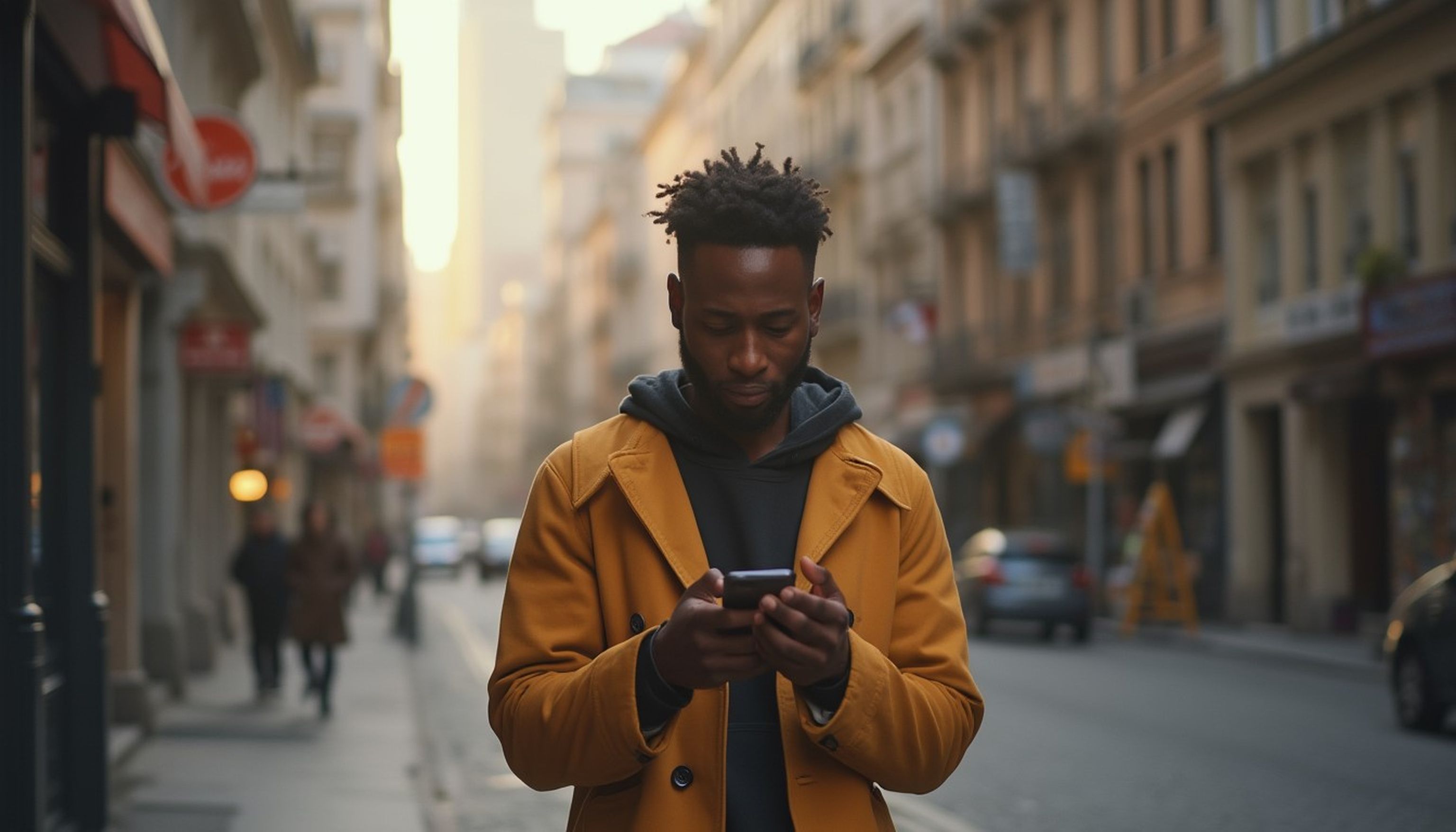Man som går på en gata i stan och tittar ner på sin mobiltelefon.