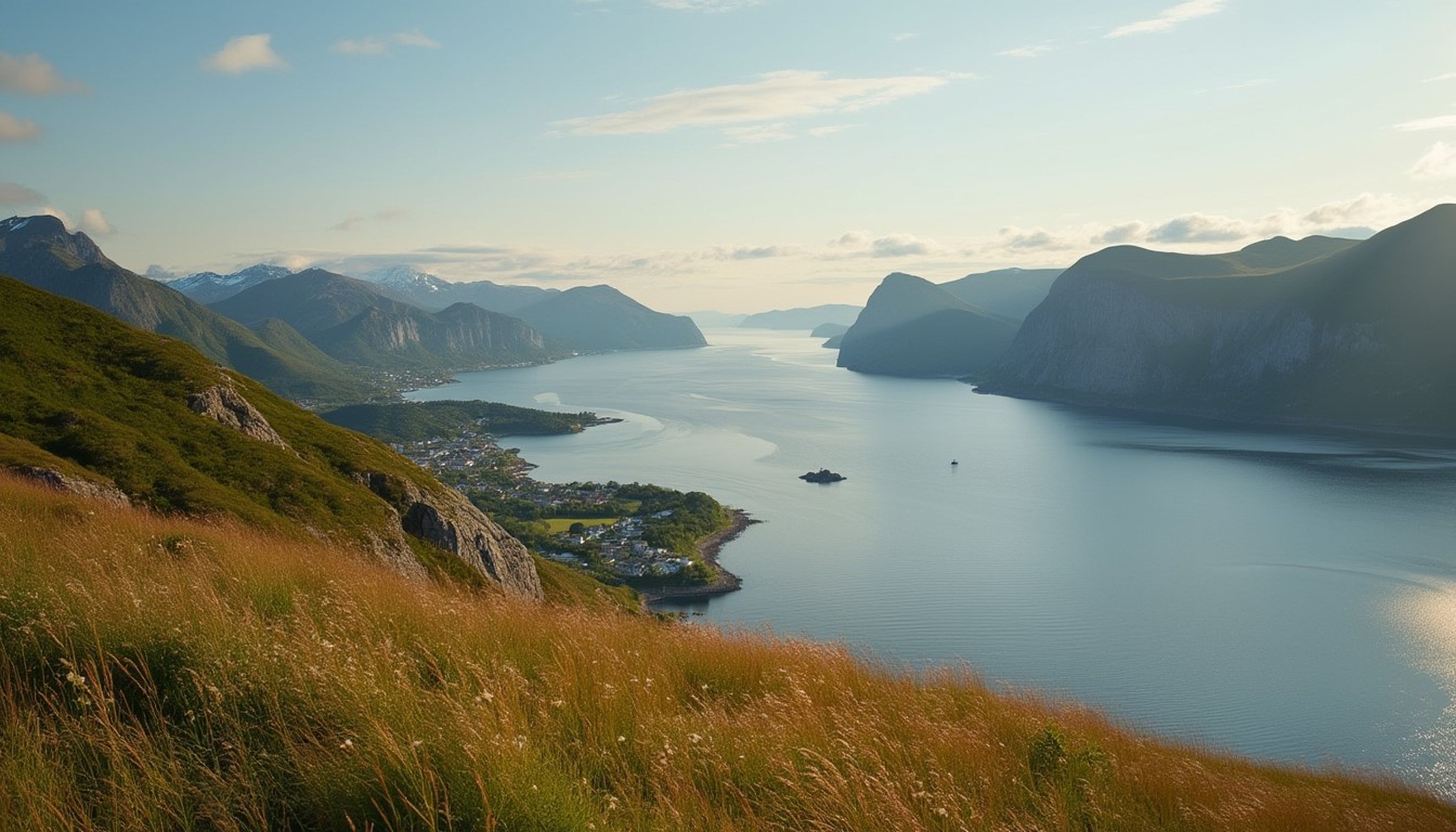 Utsikt över fjord med berg och kustsamhälle.