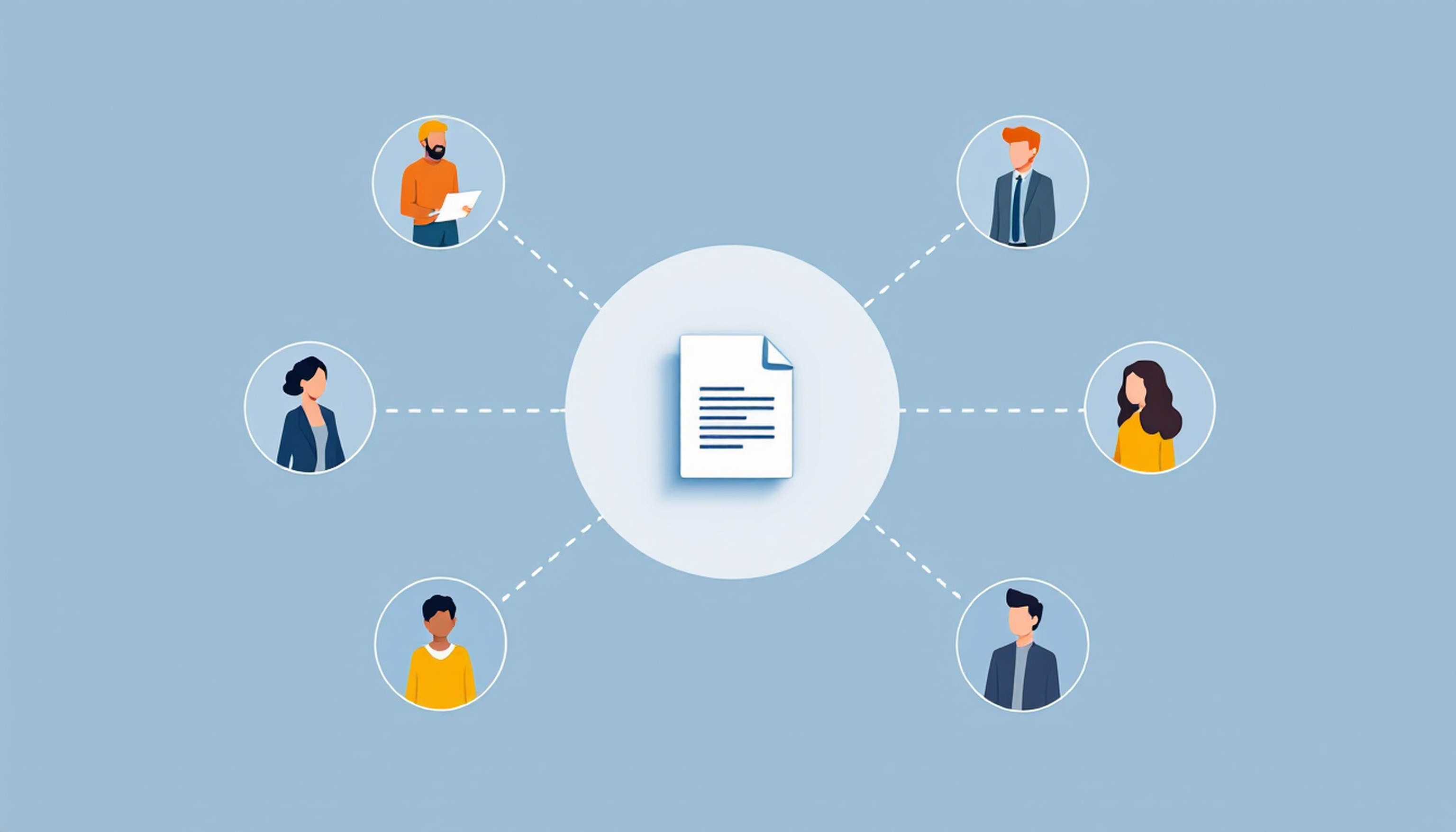 Illustration of six diverse professionals connected to a central document, symbolizing collaboration and communication on a blue background.