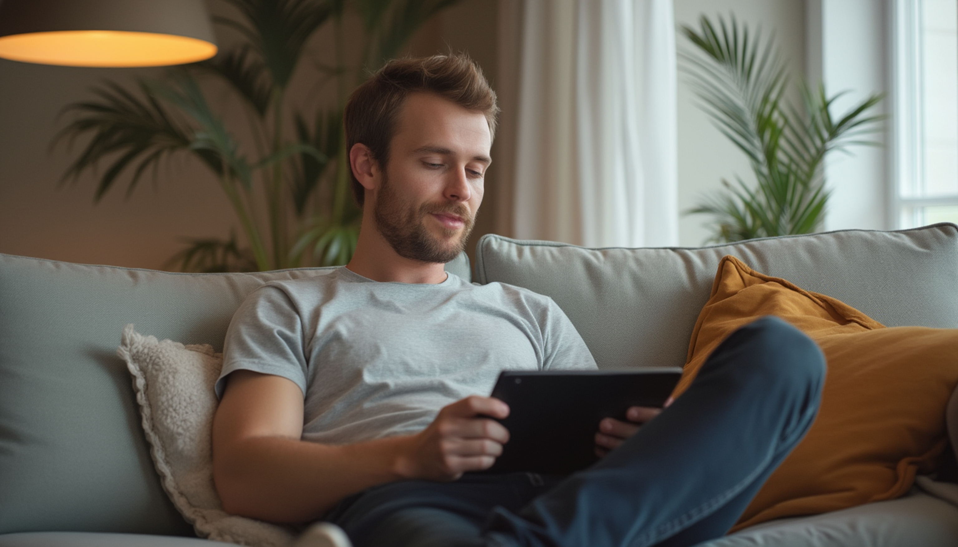 Man som kopplar av i en soffa med en surfplatta i handen, omgiven av mjuka kuddar och krukväxter i ett mysigt vardagsrum