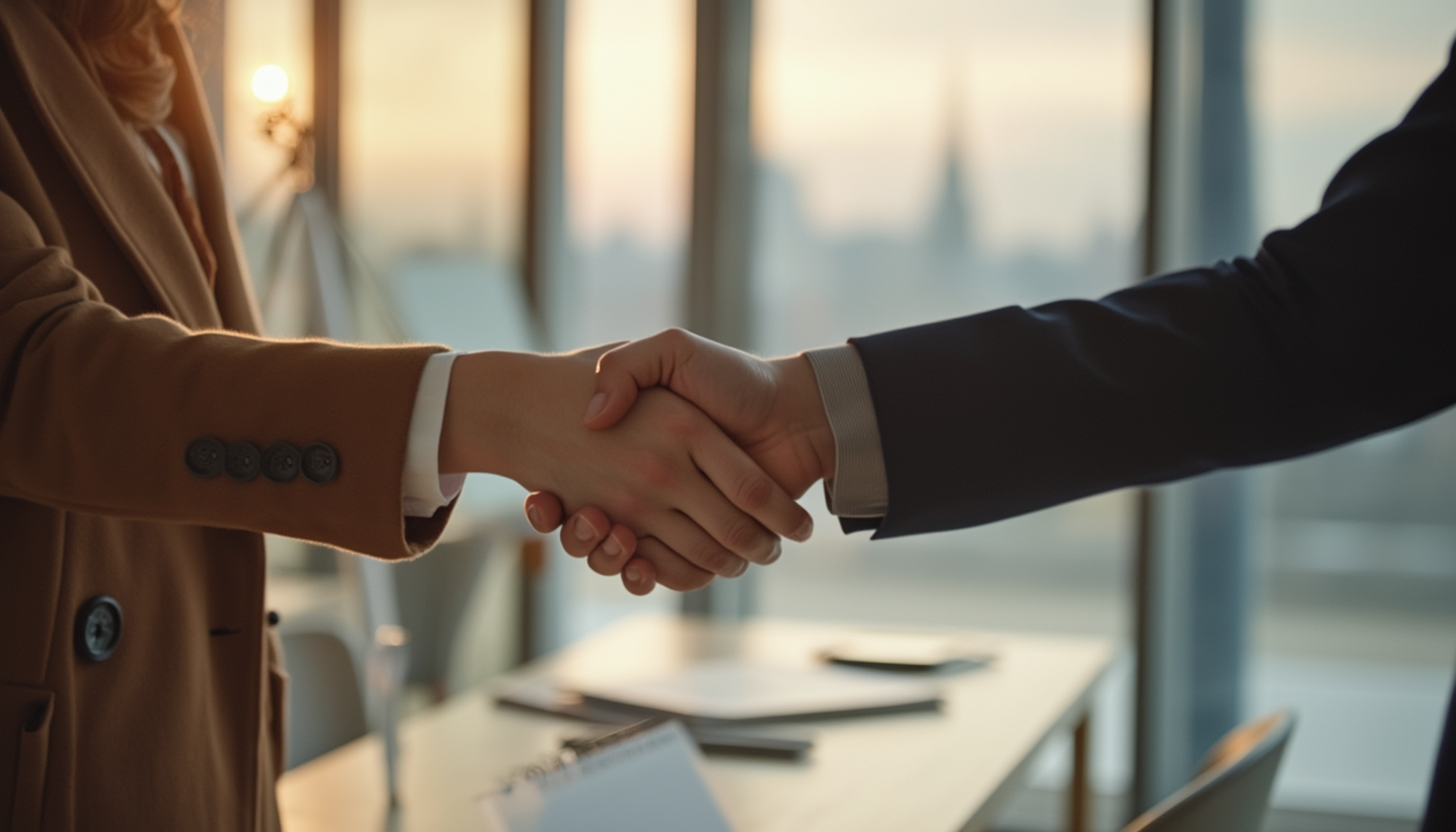 Två personer som skakar hand i en kontorsmiljö, med en suddig stadssilhuett synlig genom stora fönster i bakgrunden.