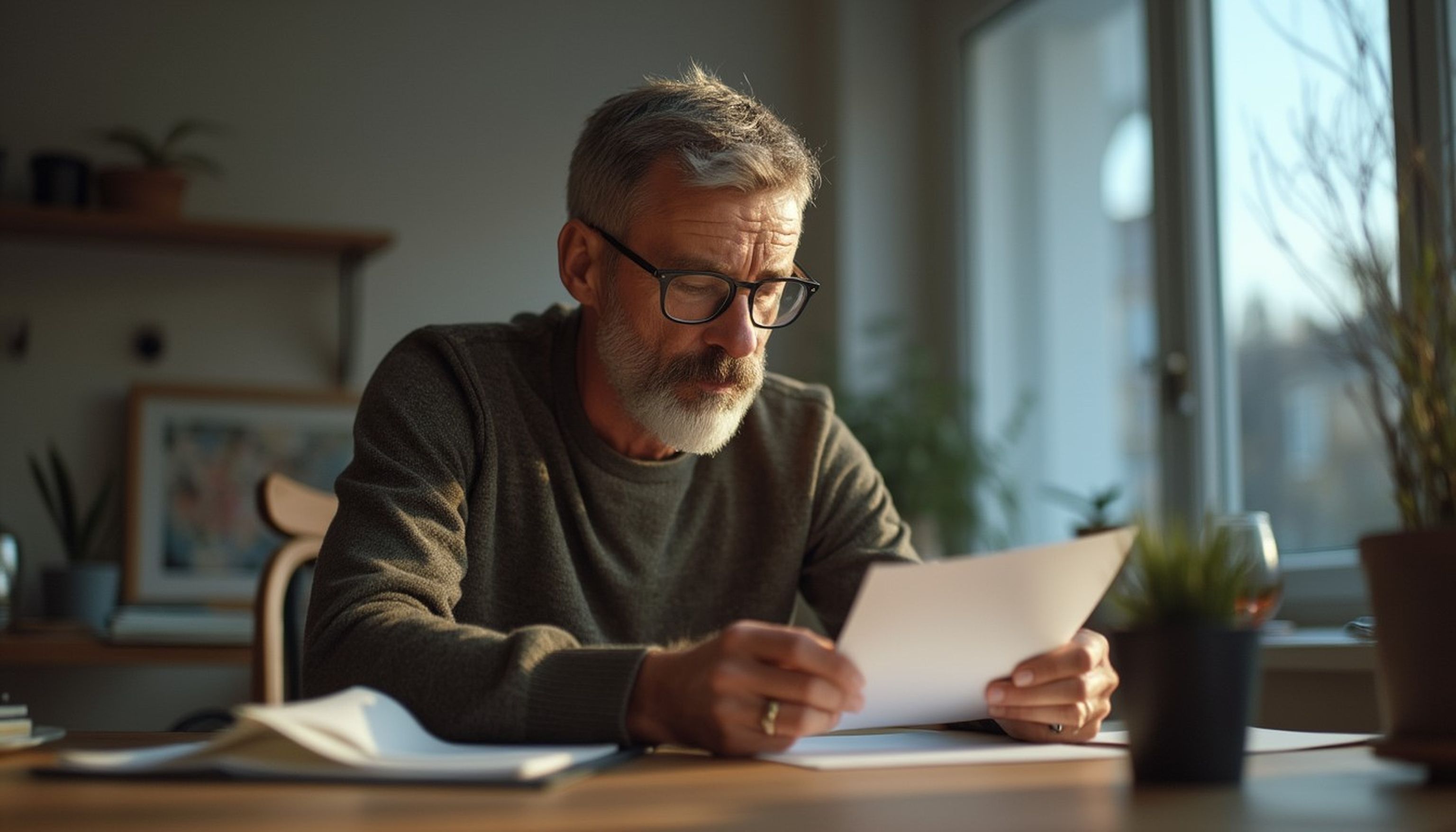 Man som sitter vid ett skrivbord hemma och läser på ett papper.