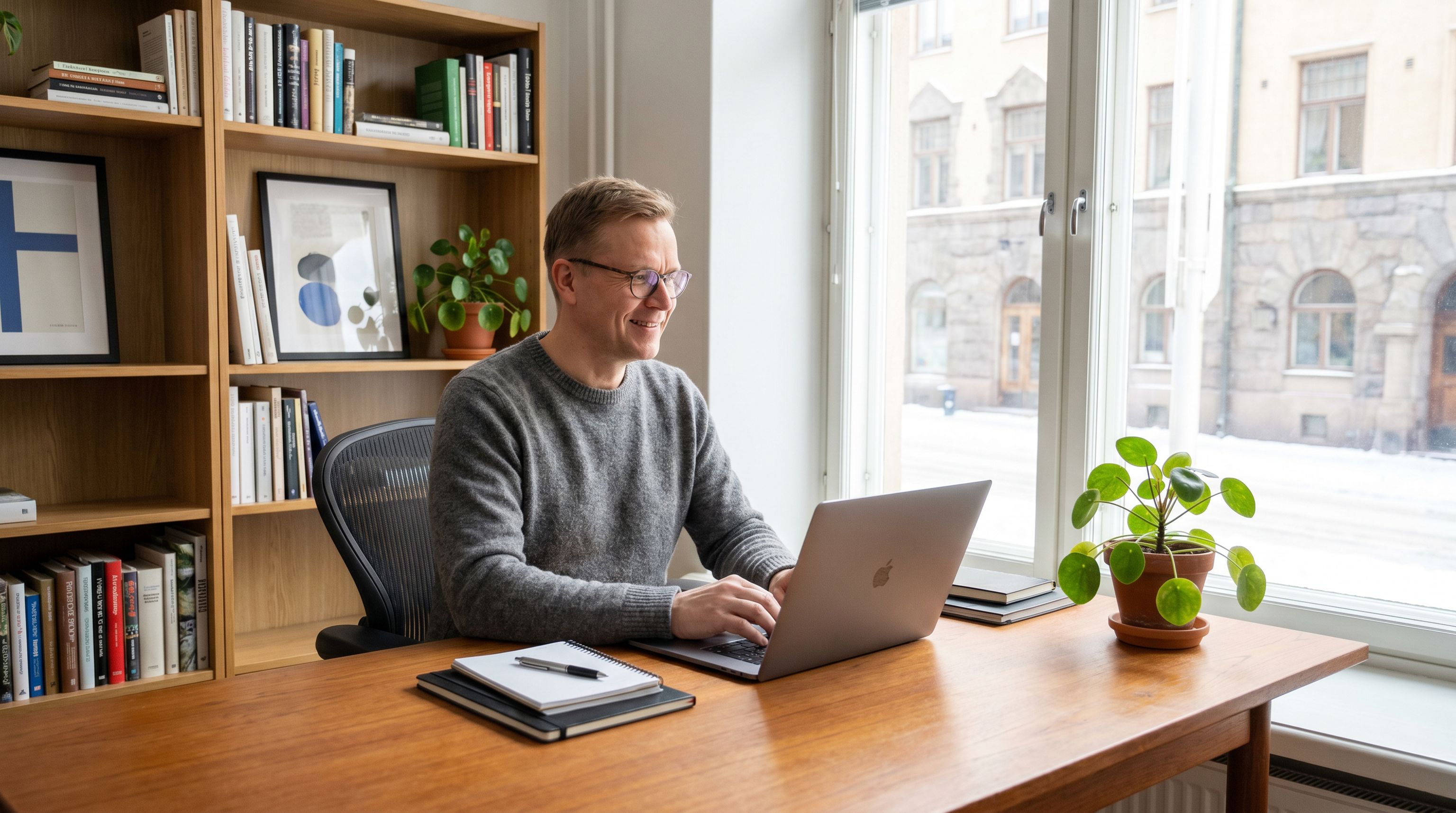 henkilö istuu tietokoneen ääressä toimistoympäristössä