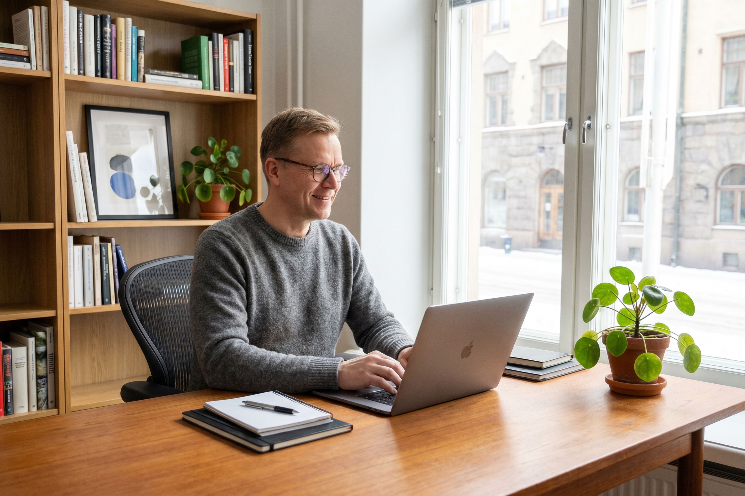 henkilö istuu tietokoneen ääressä toimistoympäristössä