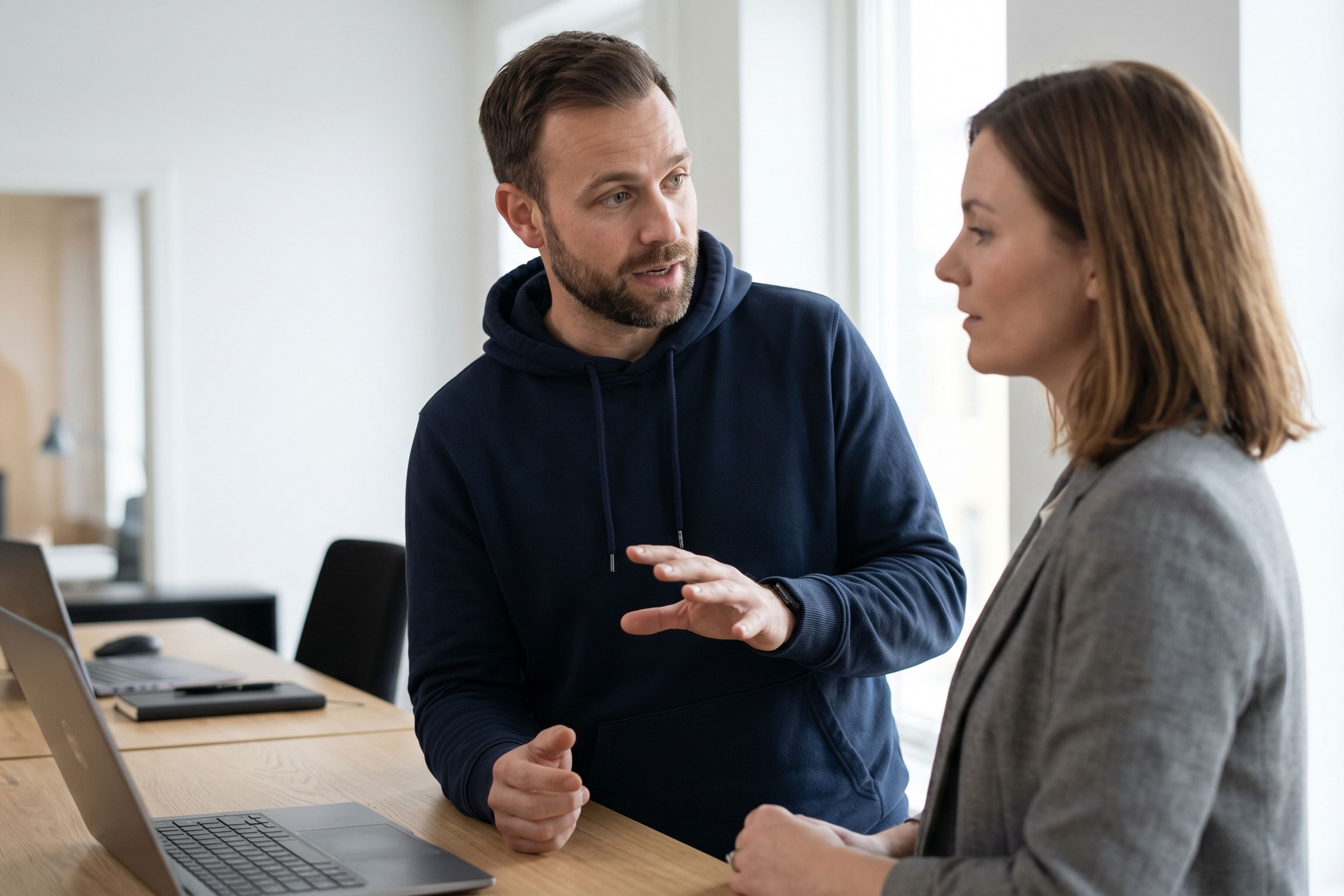 Kaksi henkilöä tietokoneen ääressä toimistoympäristössä