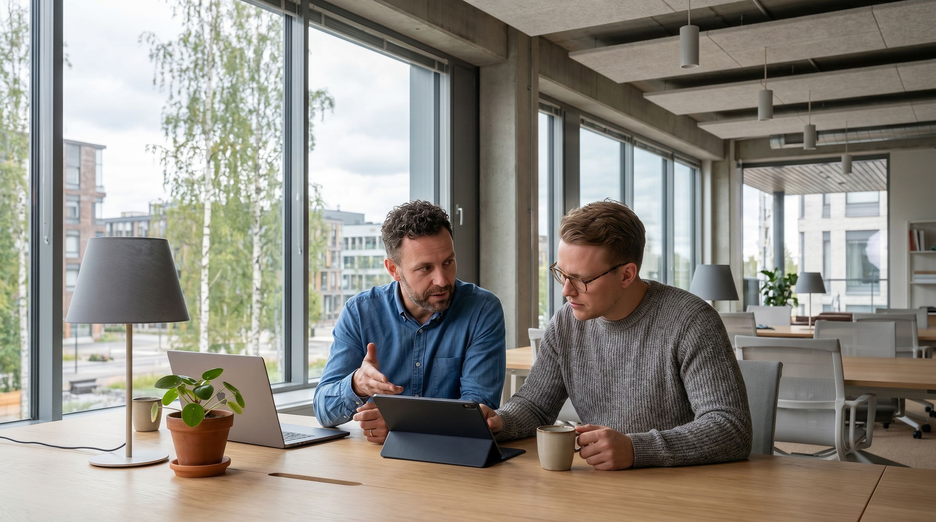 Två män sitter vid en dator och diskuterar