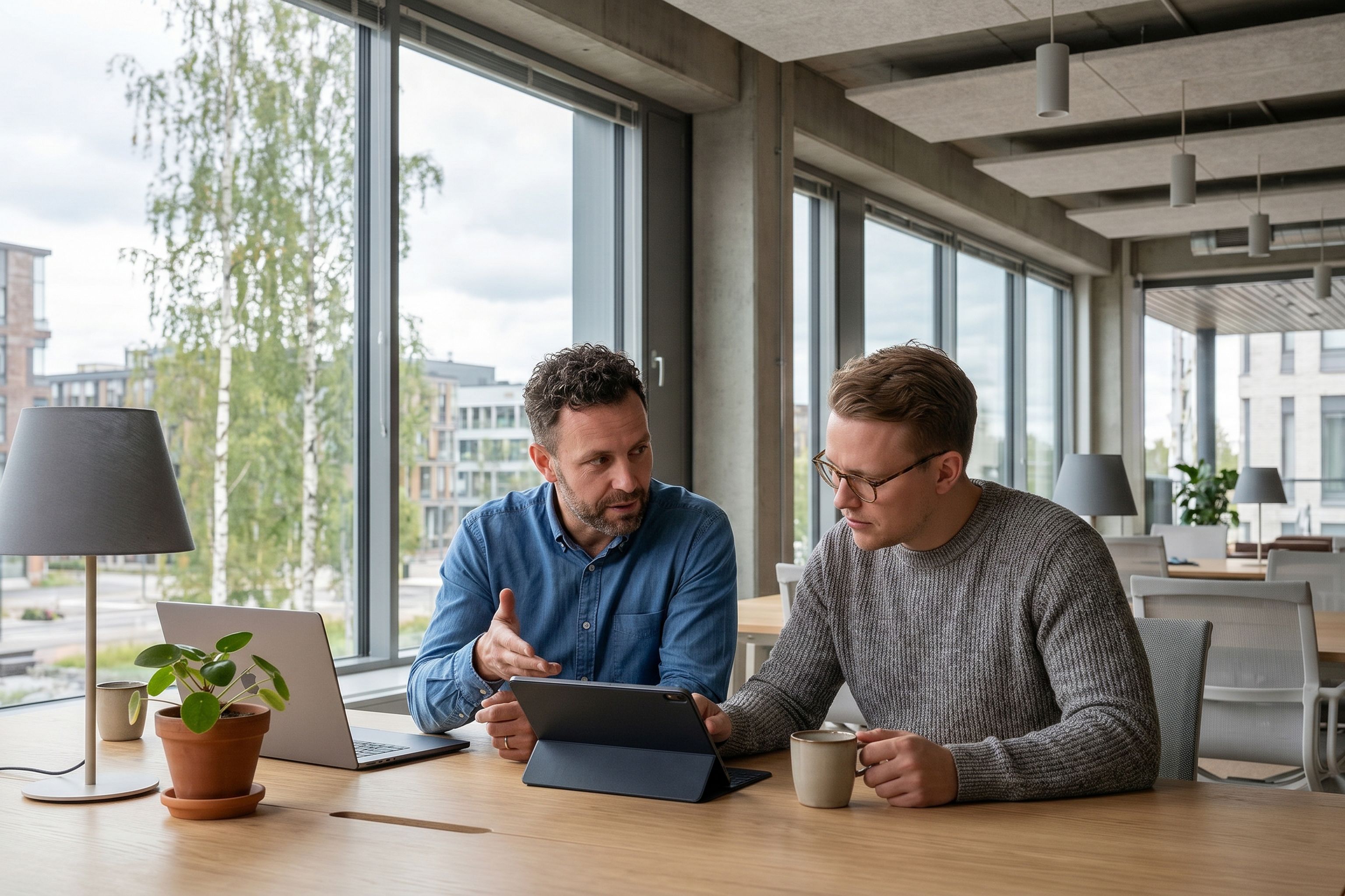 Kaksi henkilöä tietokoneen ääressä toimistoympäristössä