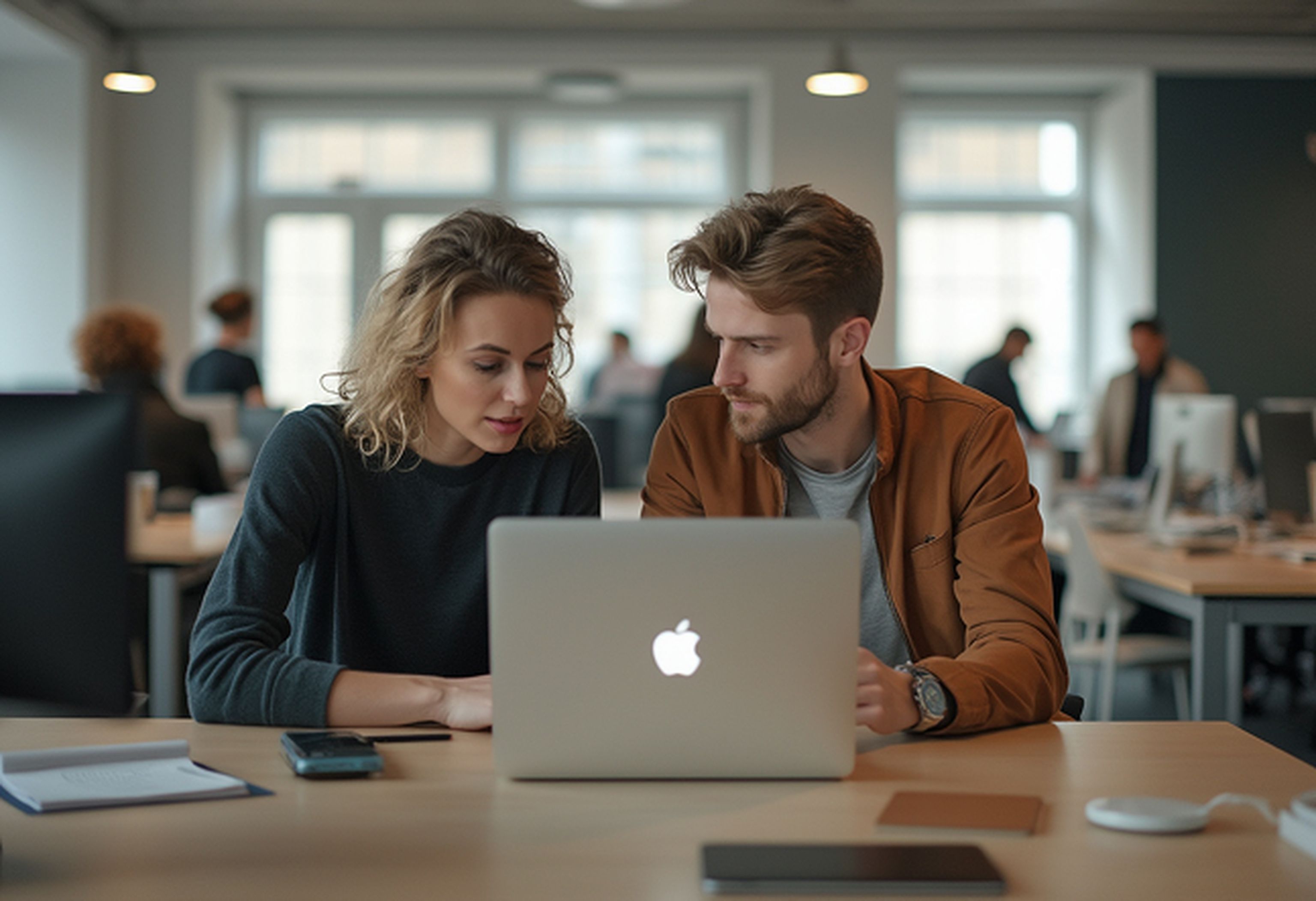 Två personer som sitter vid ett bord och diskuterar framför en dator. Kontorsmiljö i bakgrunden.