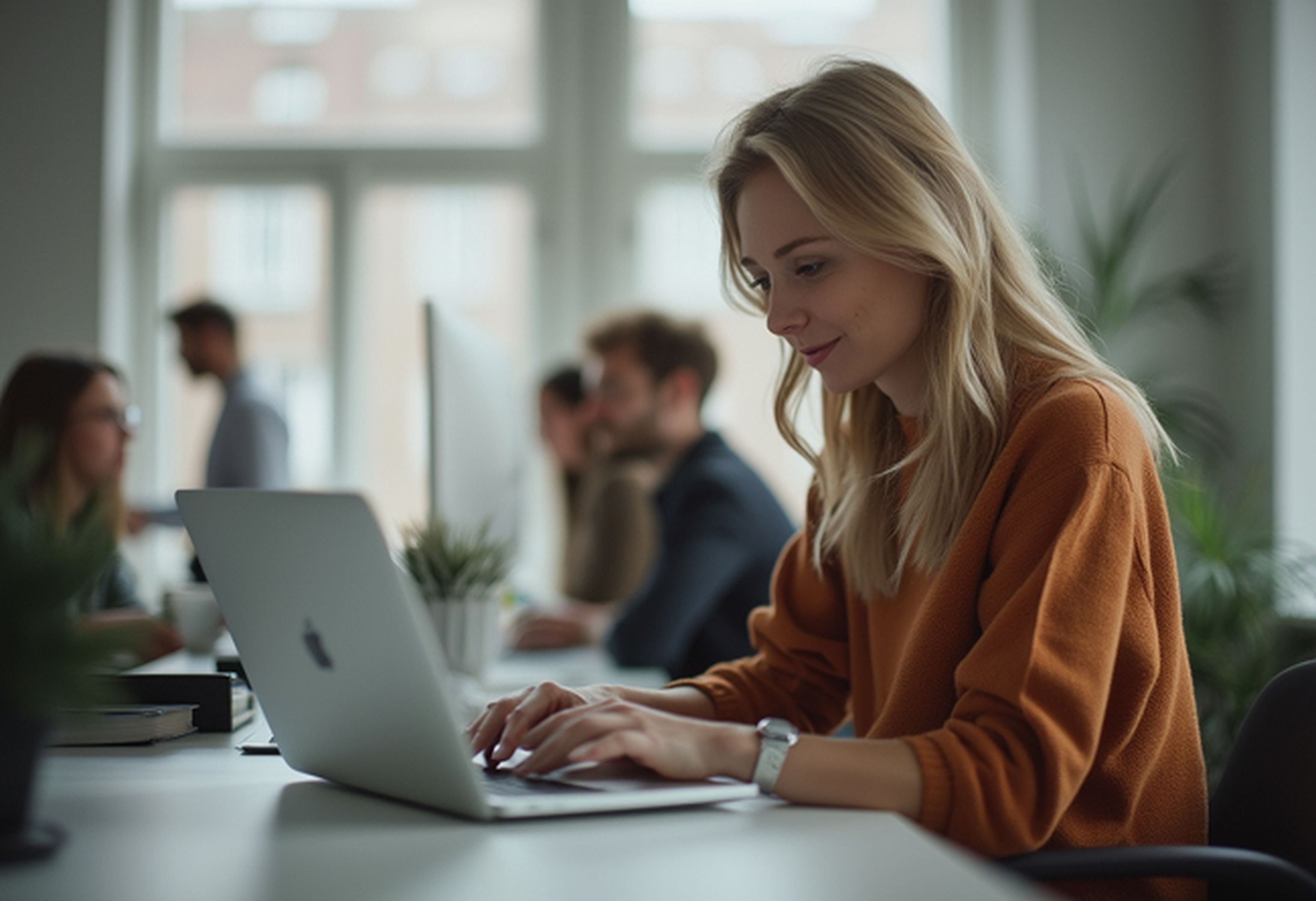 Woman in an orange sweater working on a laptop at a bright, modern office with colleagues in the background.
