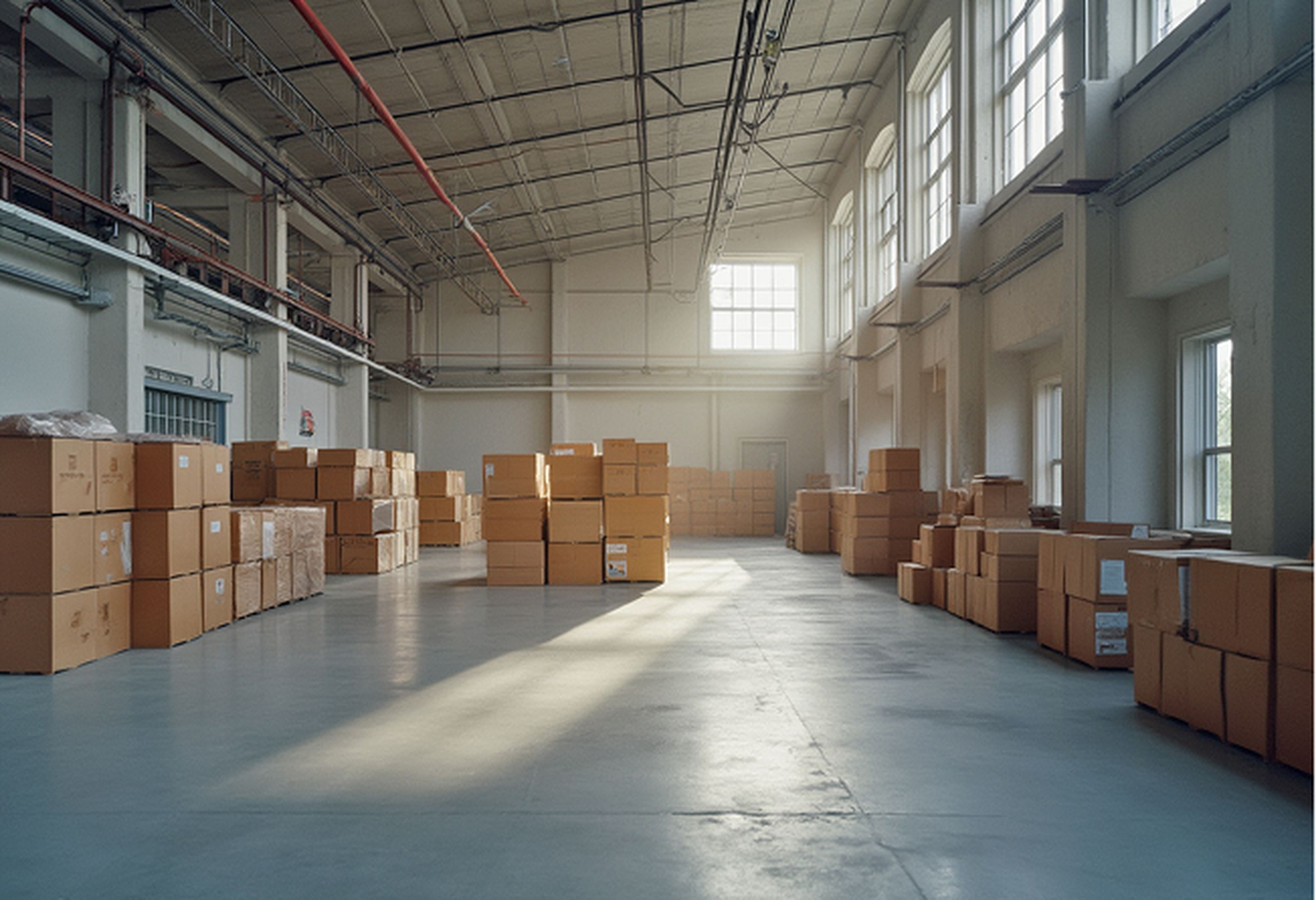 Stor lagerlokal med kartonger placerade på golvet.