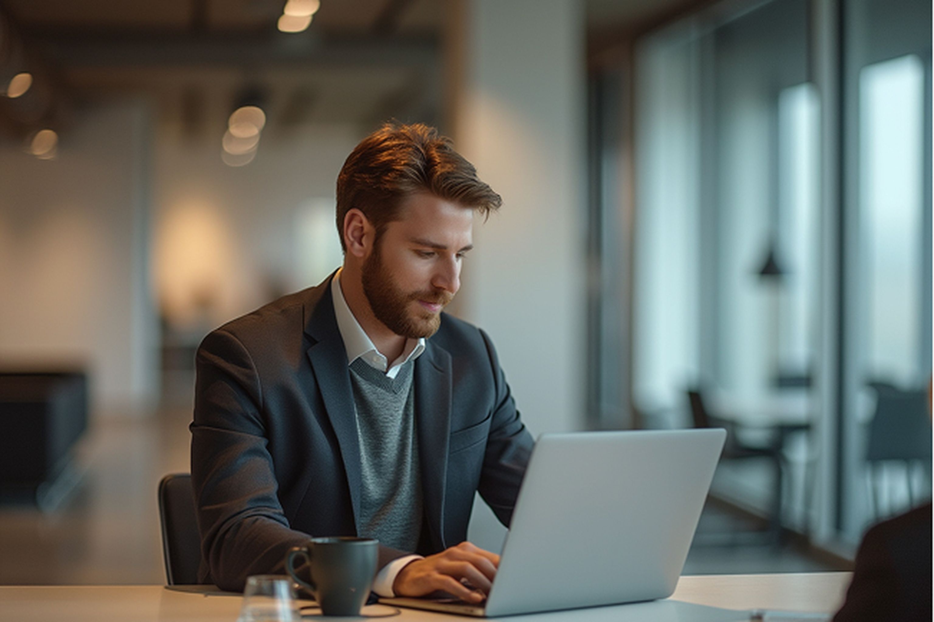 Man sitter framför sin dator och arbetar i kontorsmiljö.