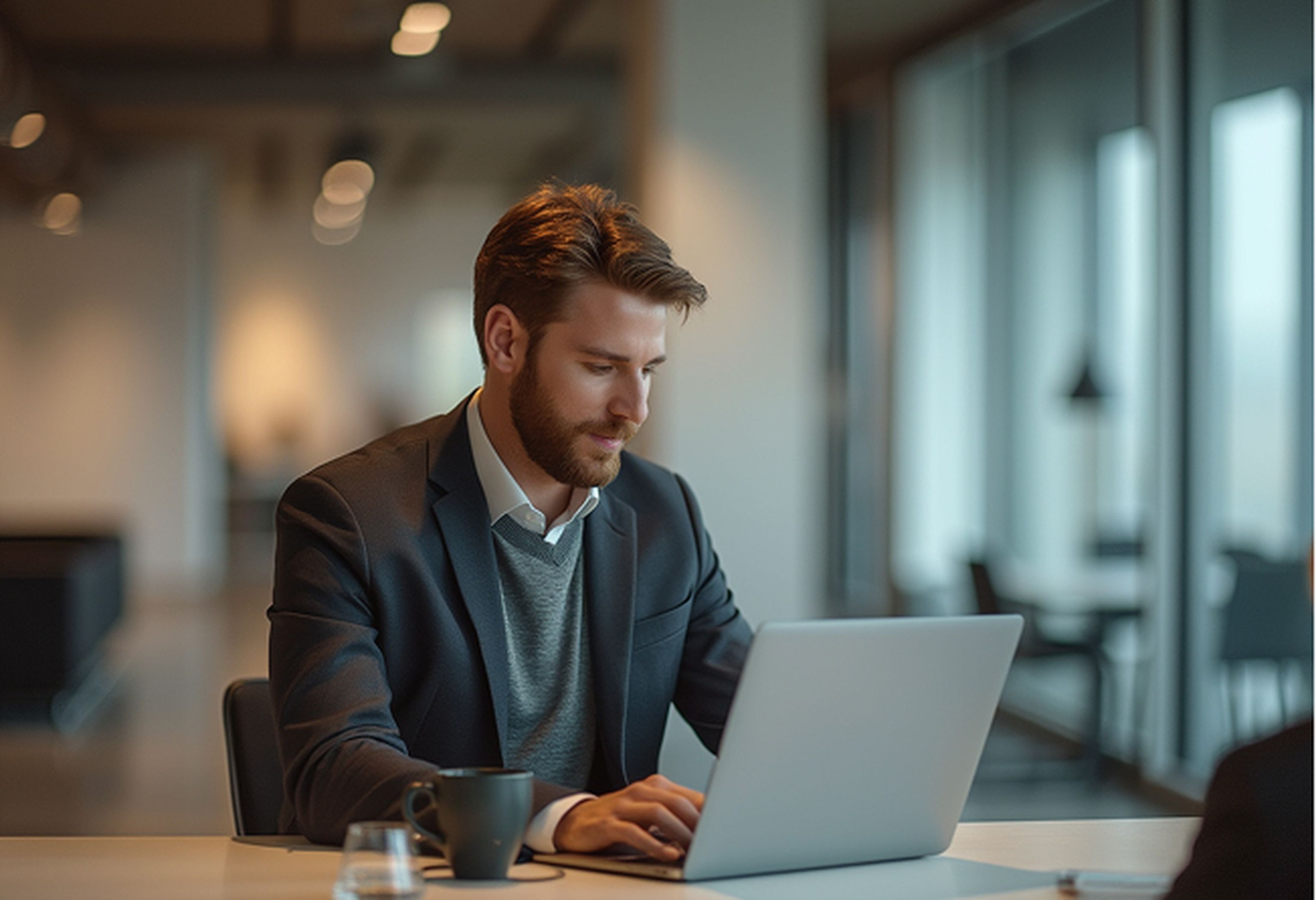 Man som sitter vid en dator och arbetar i kontorsmiljö.