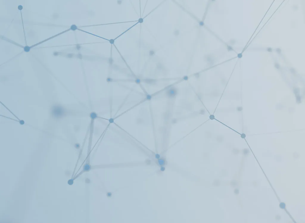 Abstract image of interconnected blue lines and dots forming a network pattern on a light blue background.
