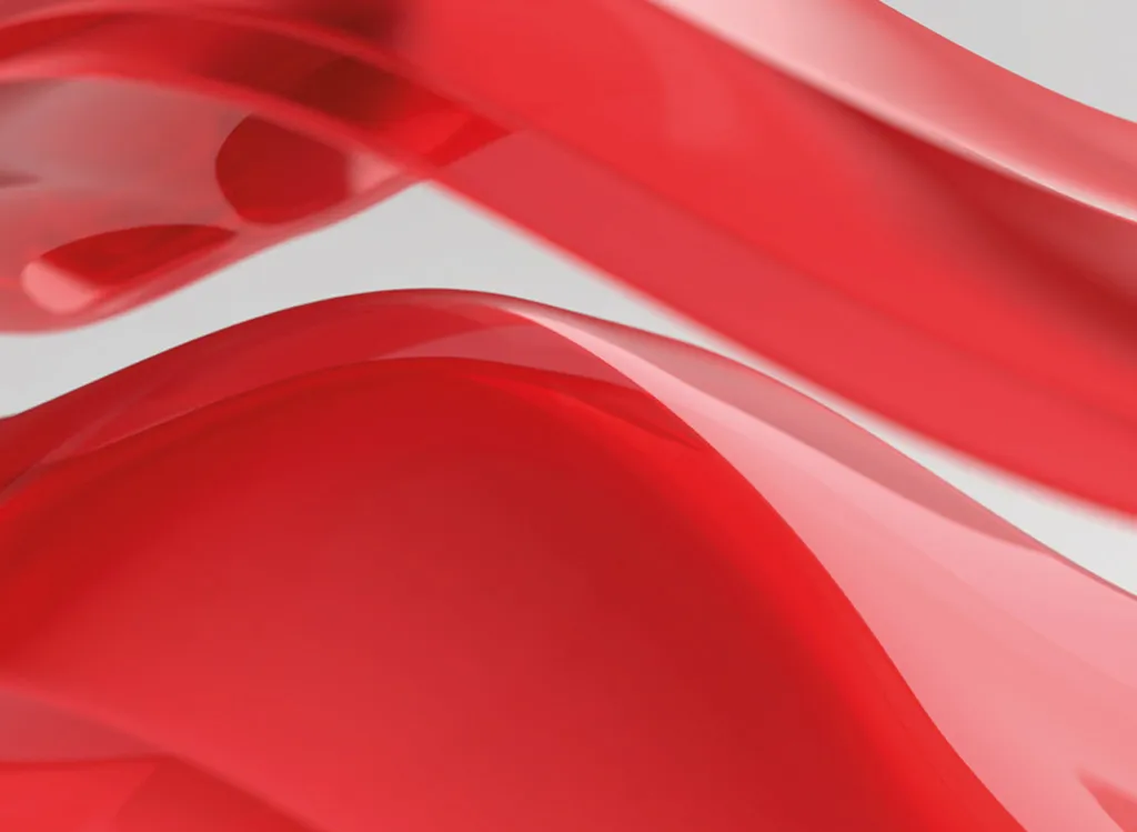 Abstract image of smooth, flowing red ribbons or waves against a light gray background, creating a sense of motion and fluidity.