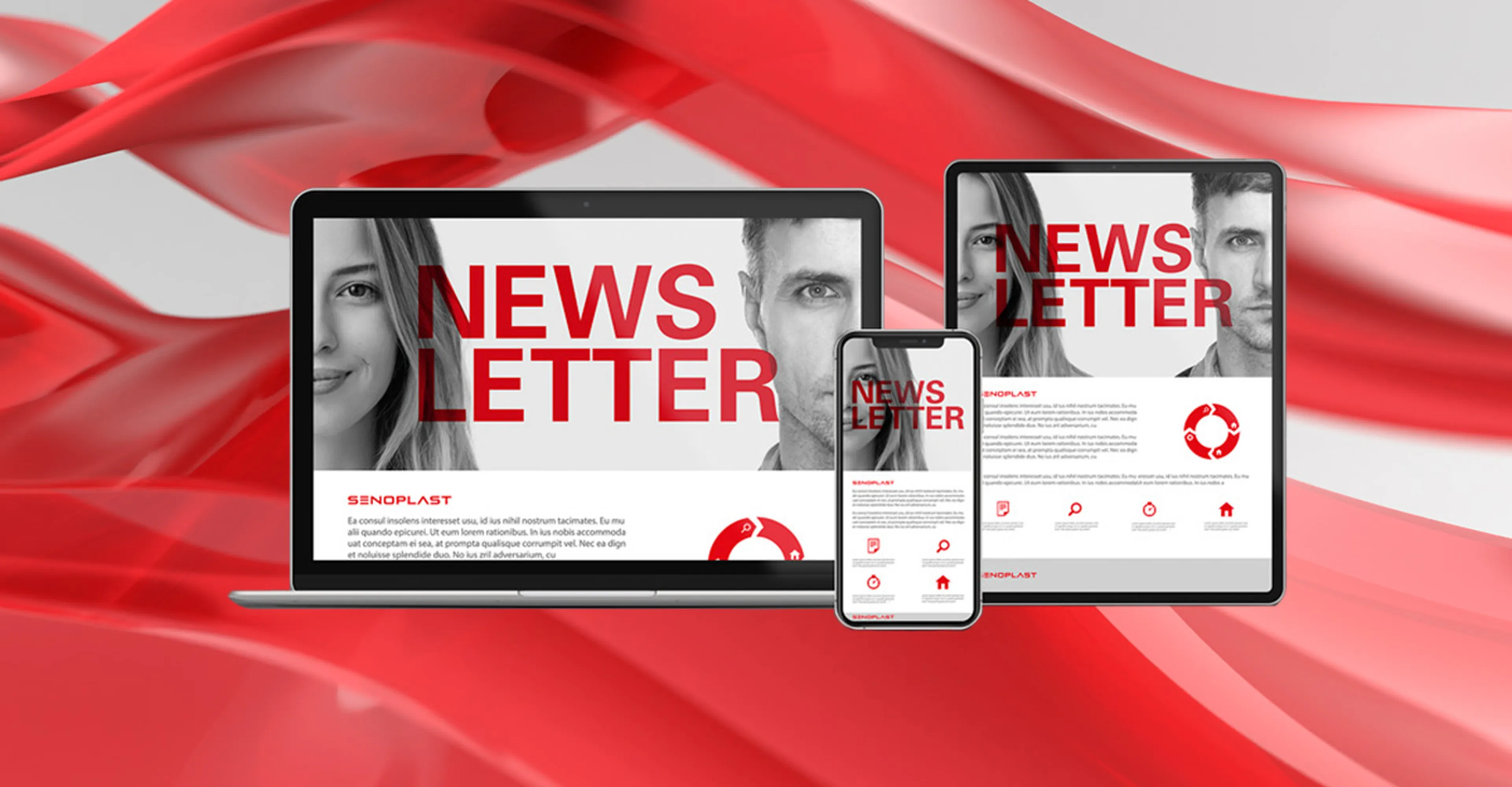 Digital newsletter displayed on a laptop, tablet, and smartphone against a red and gray abstract background.