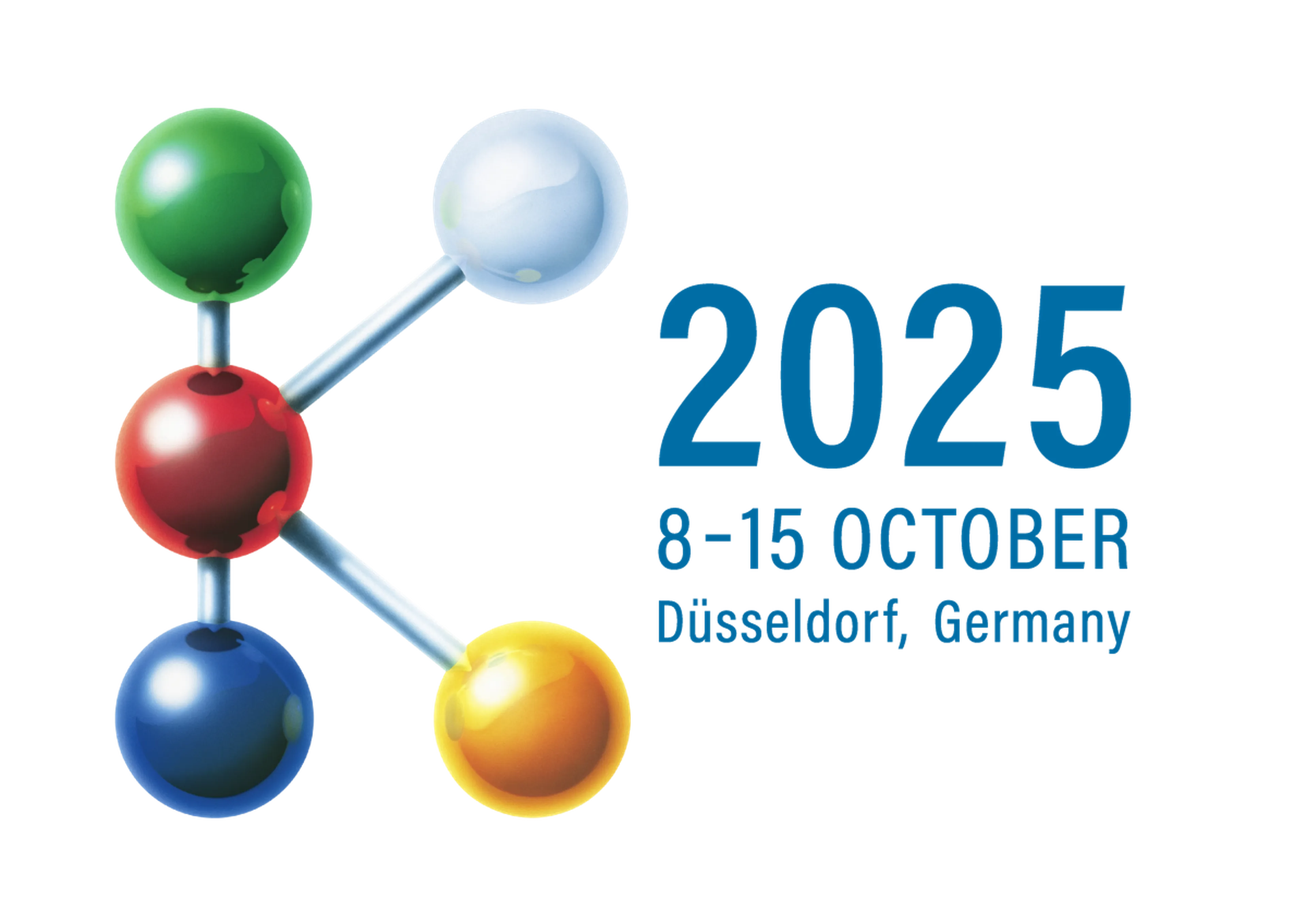 Colorful molecular structure with text "2025, 8-15 October, Düsseldorf, Germany" on a black background.