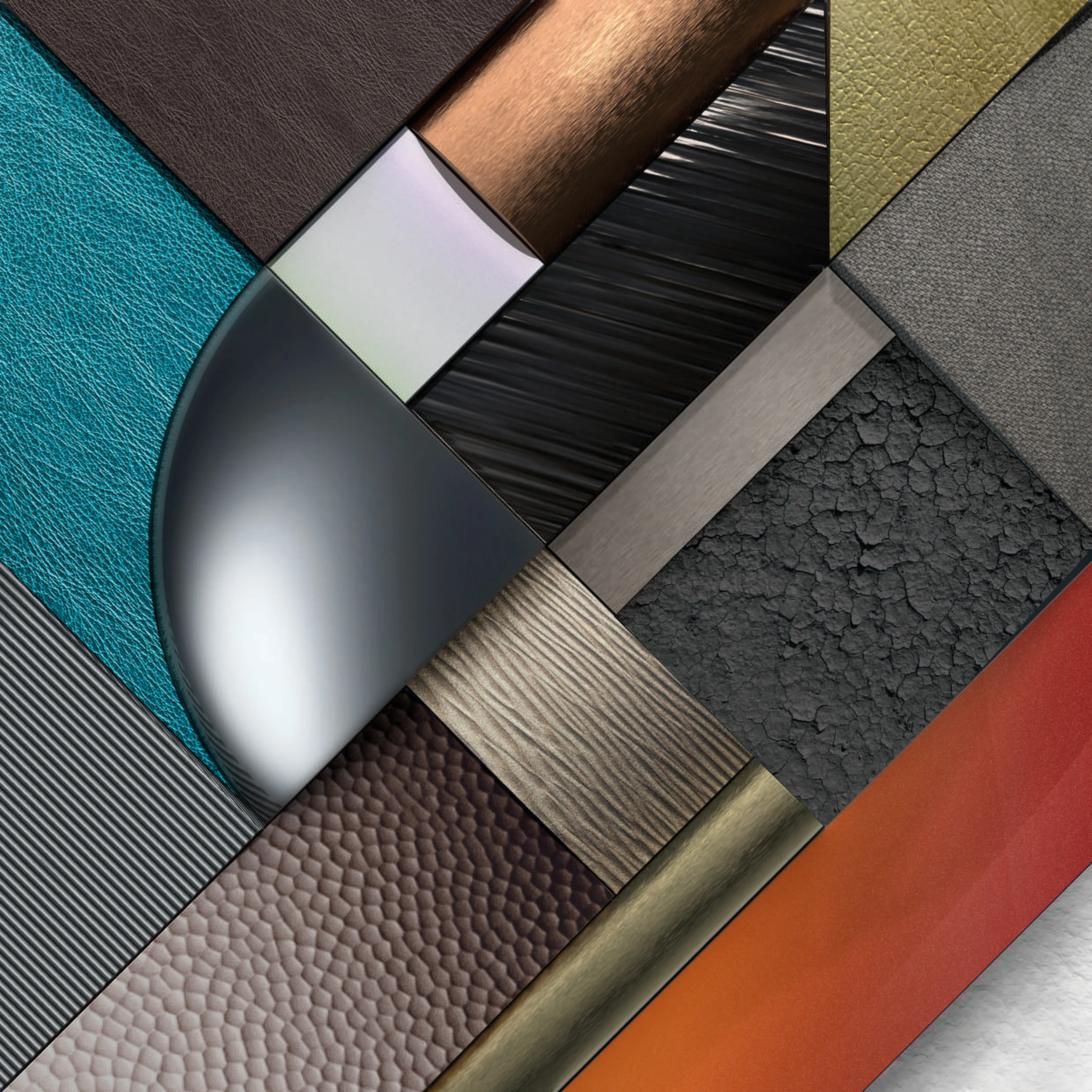 Abstract collage of various textured materials in geometric shapes, including leather, metal, wood, and fabric, in diverse colors.