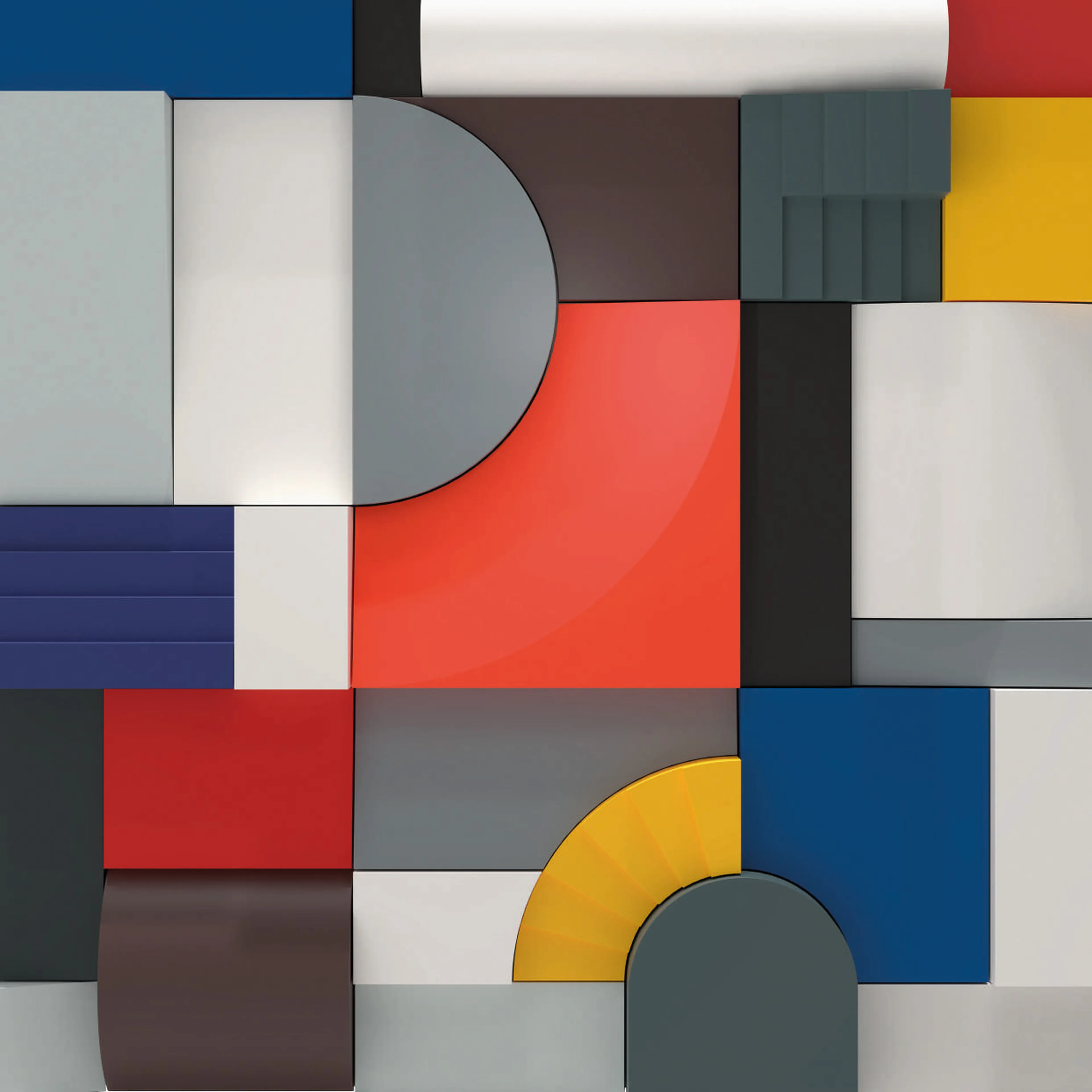 Abstract geometric art with colorful shapes including red, blue, yellow, and gray rectangles, circles, and arcs on a segmented background.