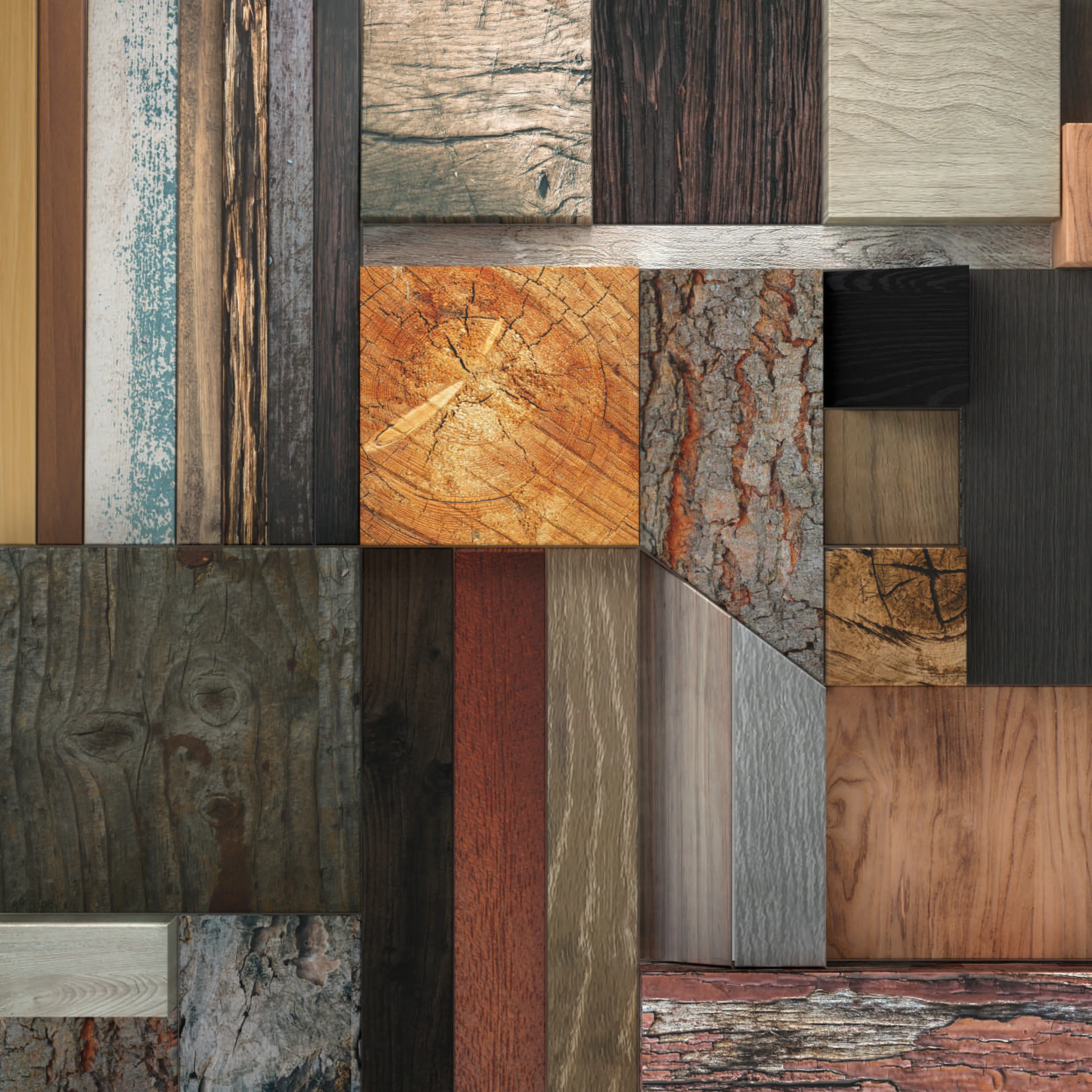 A collage of diverse wood textures and colors, including bark, grain, and cross-sections, arranged in a geometric patchwork.