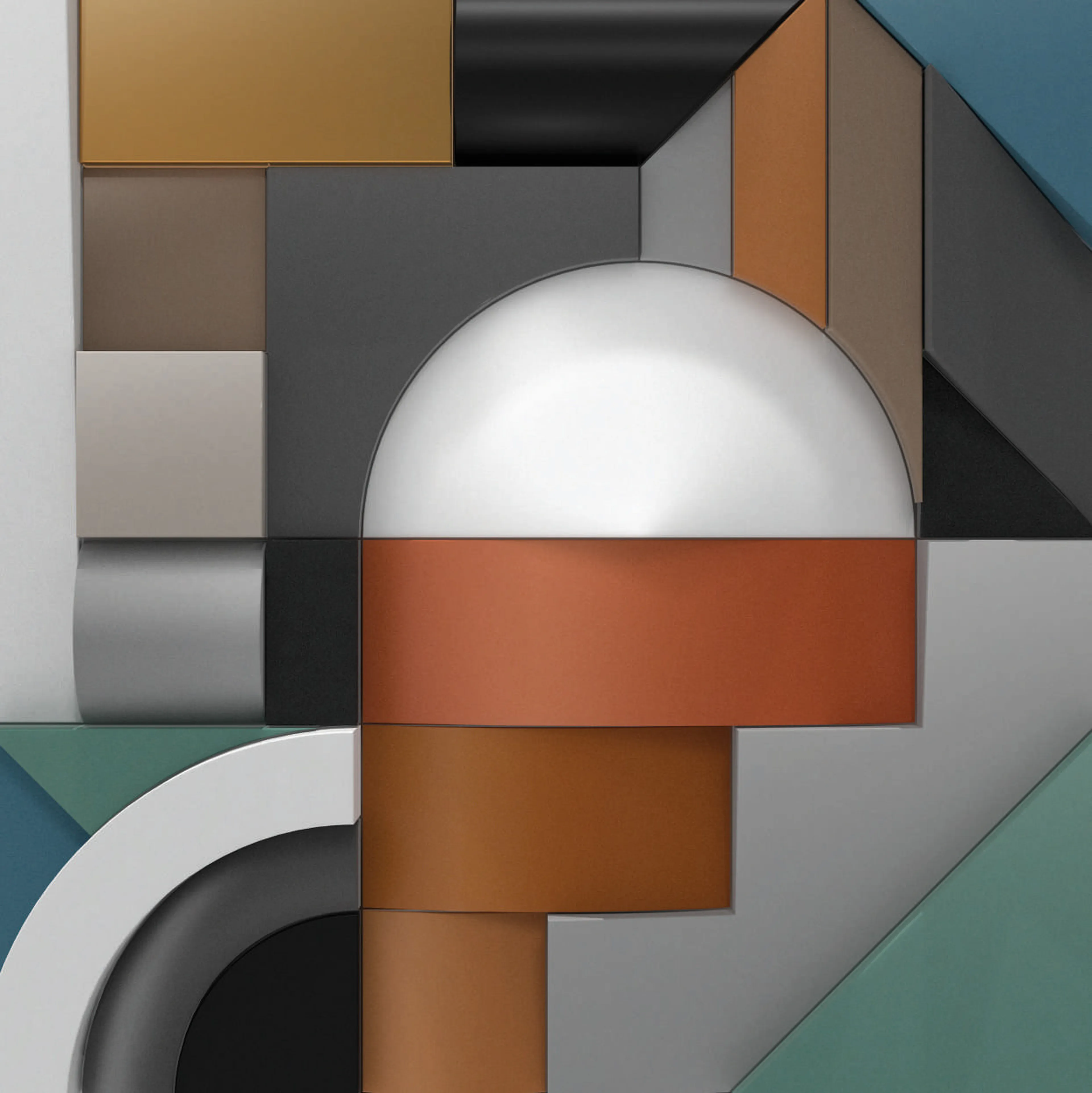 Abstract composition of geometric shapes in muted tones, including circles, rectangles, and arches, creating a layered, architectural aesthetic.