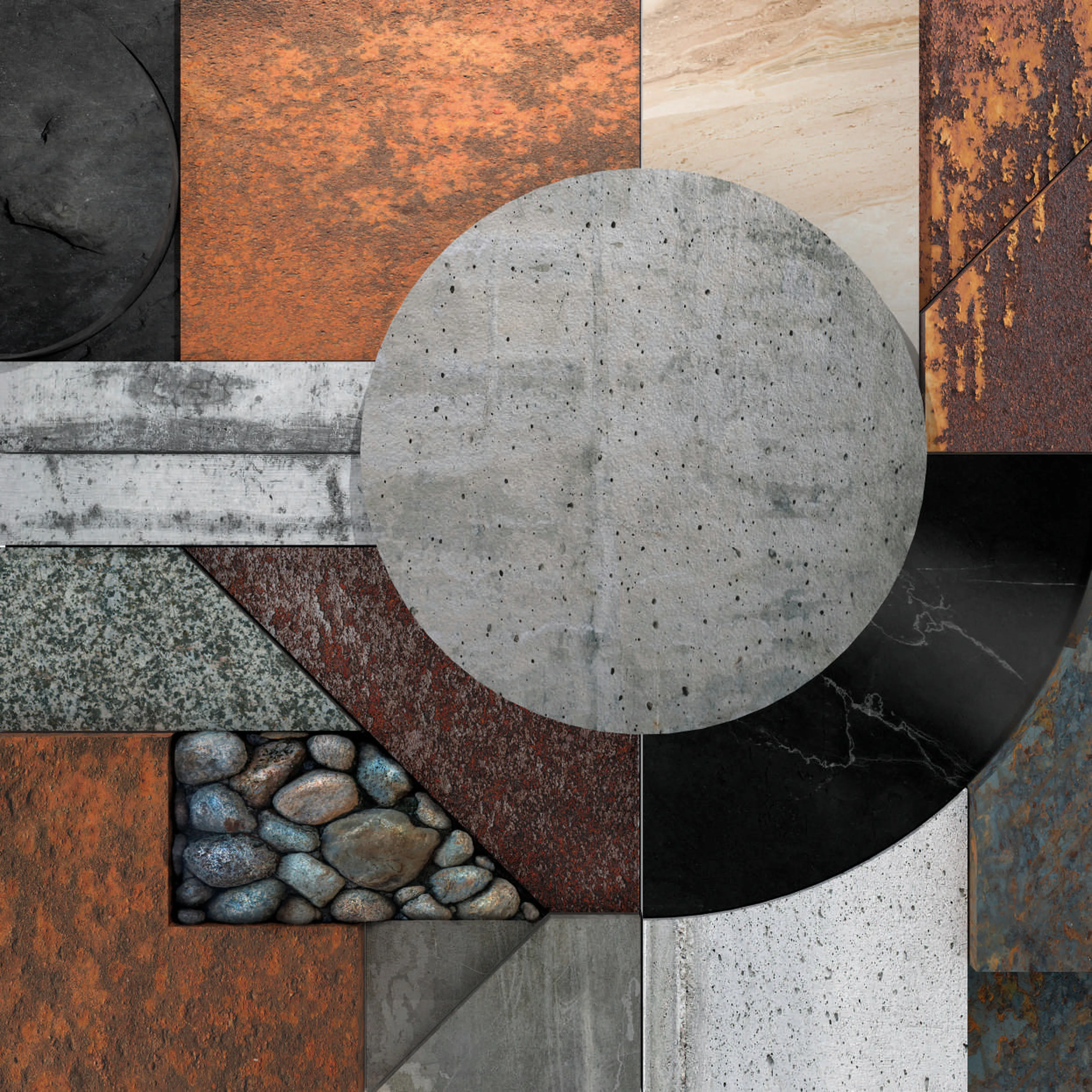 Abstract composition of various textured geometric shapes, including circles and rectangles, in earth tones and stone patterns.