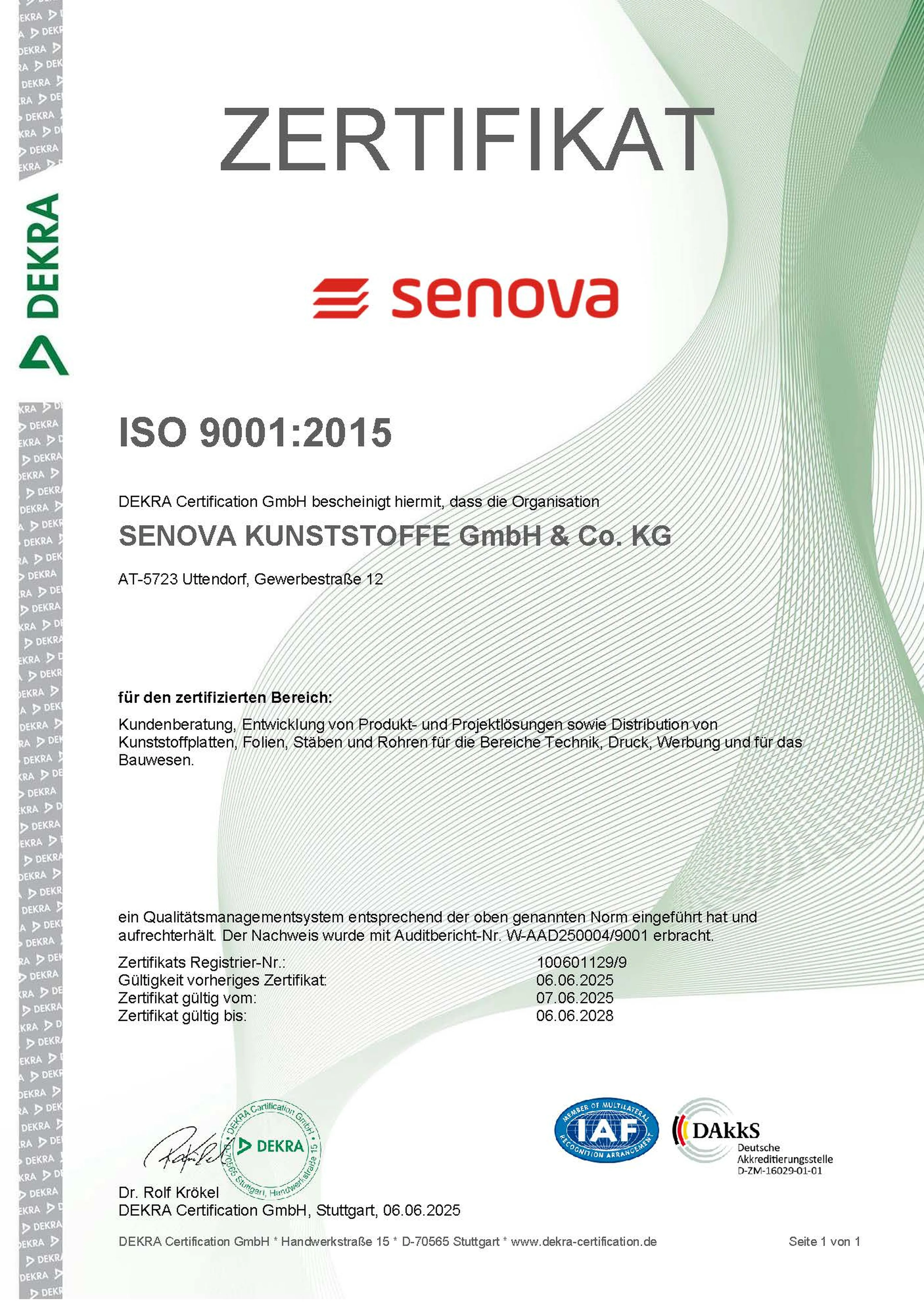 Certificate from DEKRA for SENOVA KUNSTSTOFFE GmbH & Co. KG, confirming ISO 9001:2015 compliance, issued on 08.06.2025.