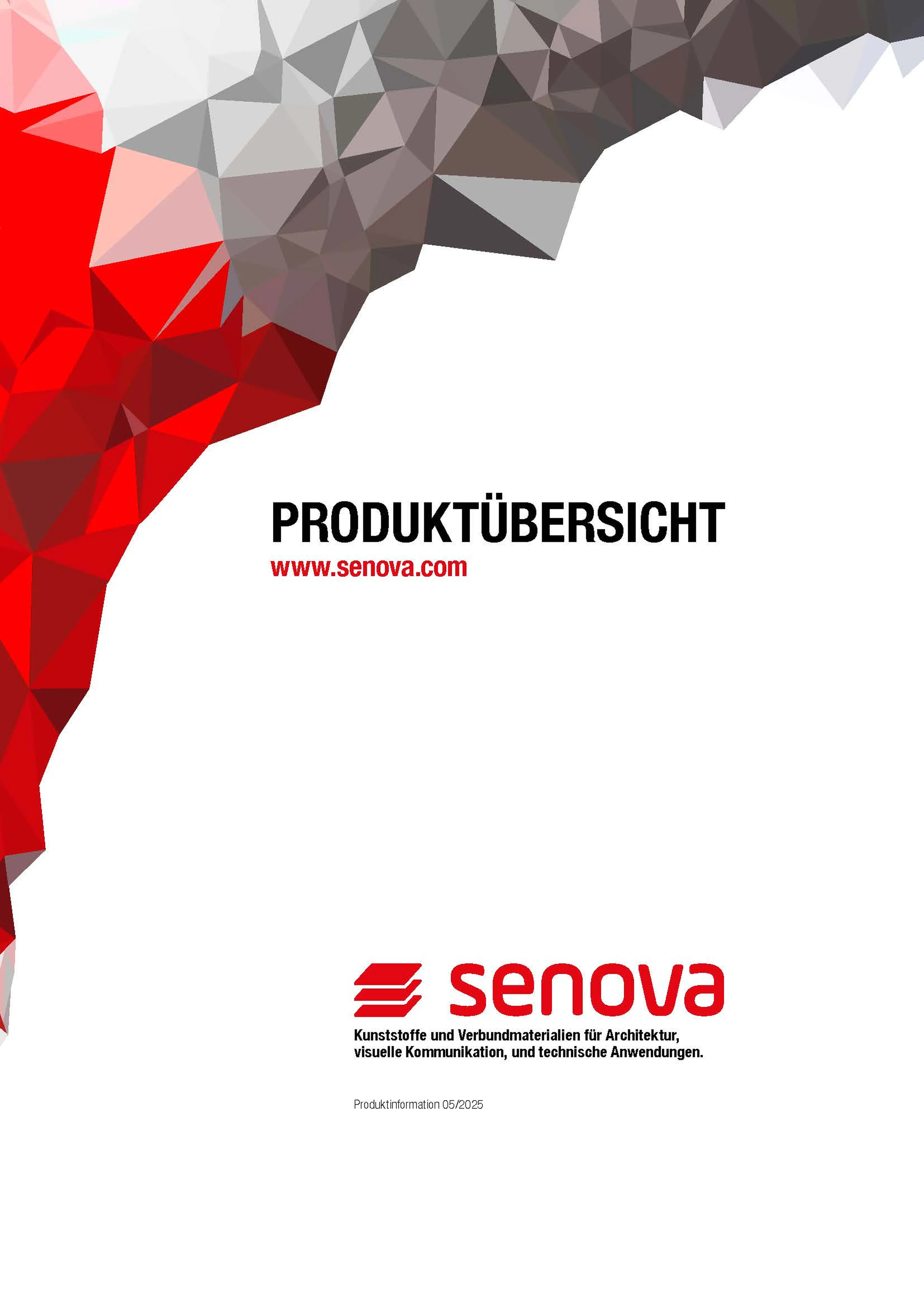 Geometric red and gray abstract design with "Produktübersicht" and company logo "senova" for architectural materials. Website: www.senova.com.