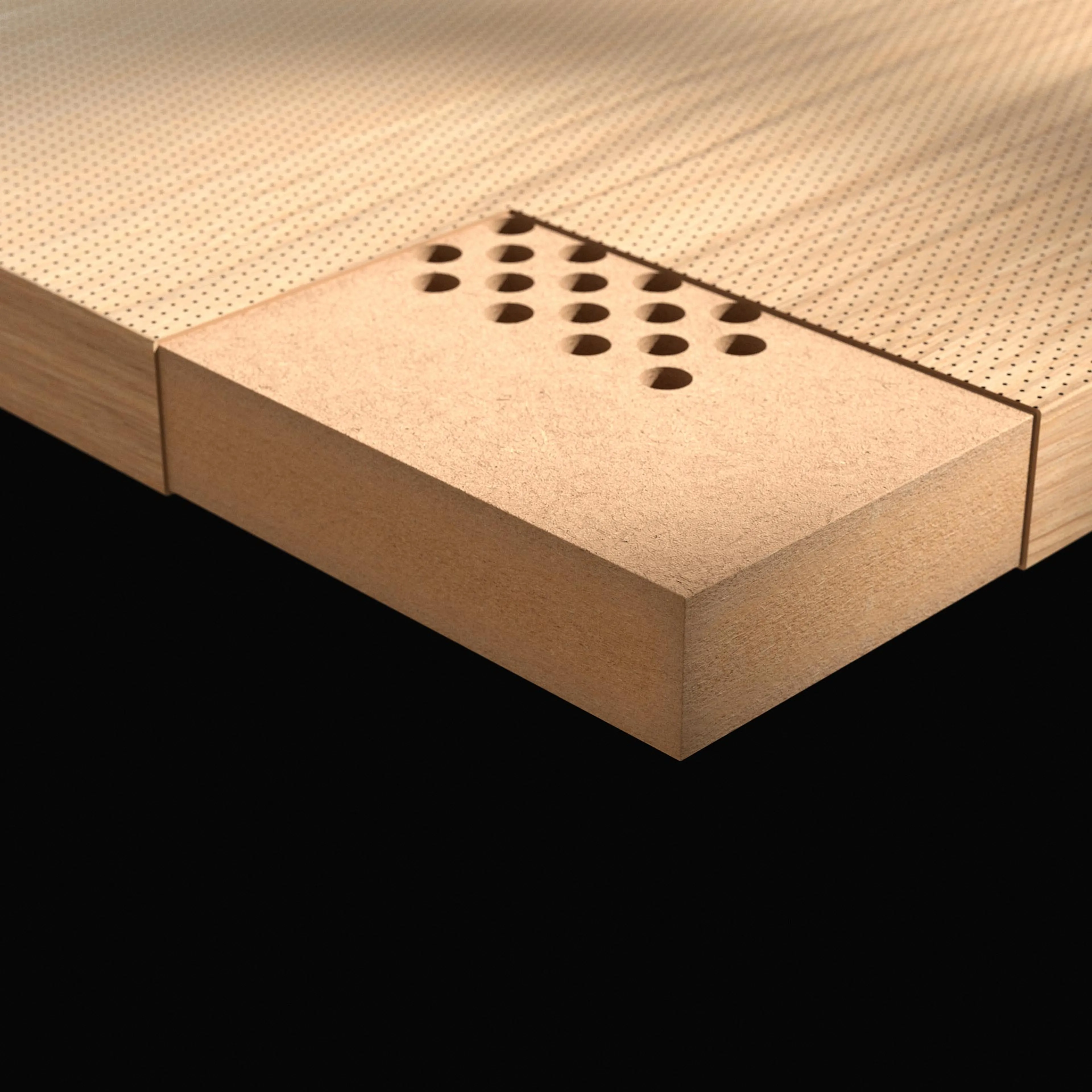Close-up of a wooden board with a perforated pattern and an inset brown panel featuring circular holes against a black background.