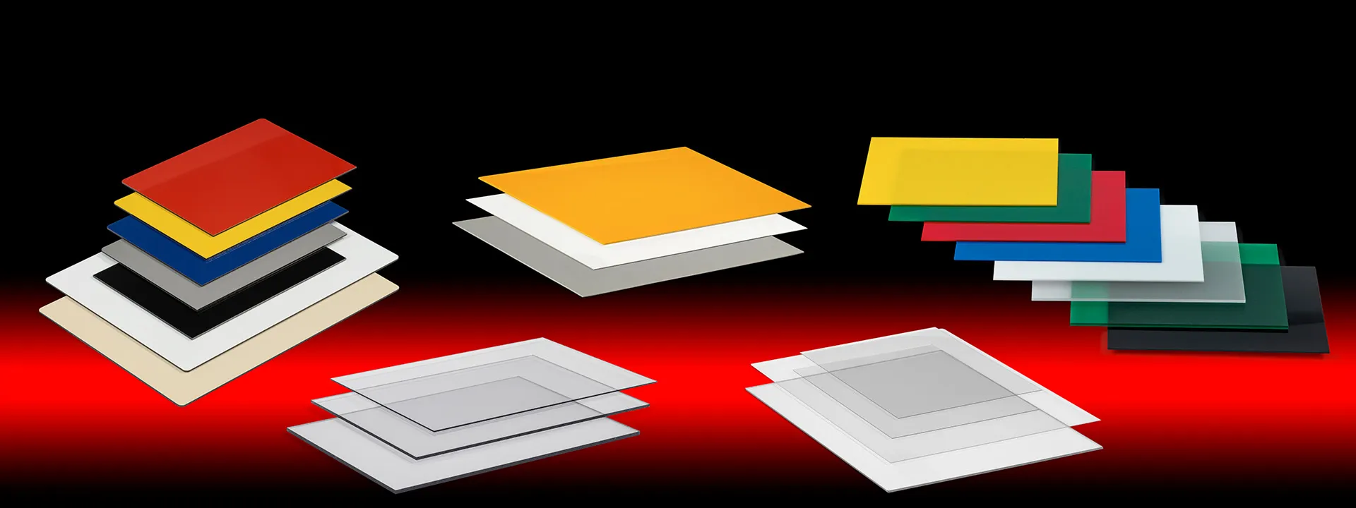 Stacked colored and transparent acrylic sheets against a black background with a red gradient at the bottom.