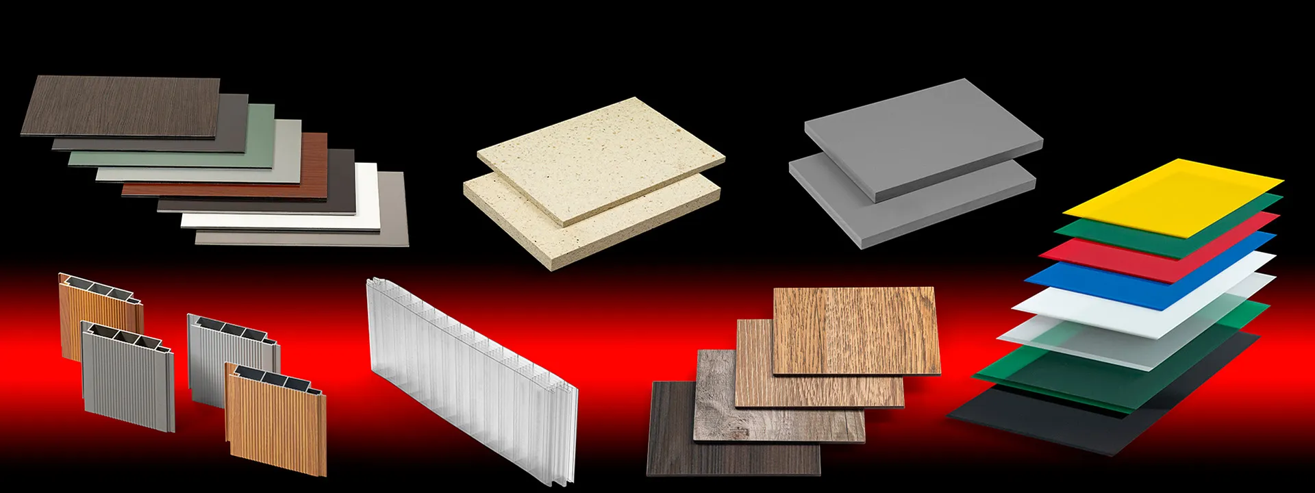 Assorted construction panels and materials in various colors and textures displayed against a red and black gradient background.