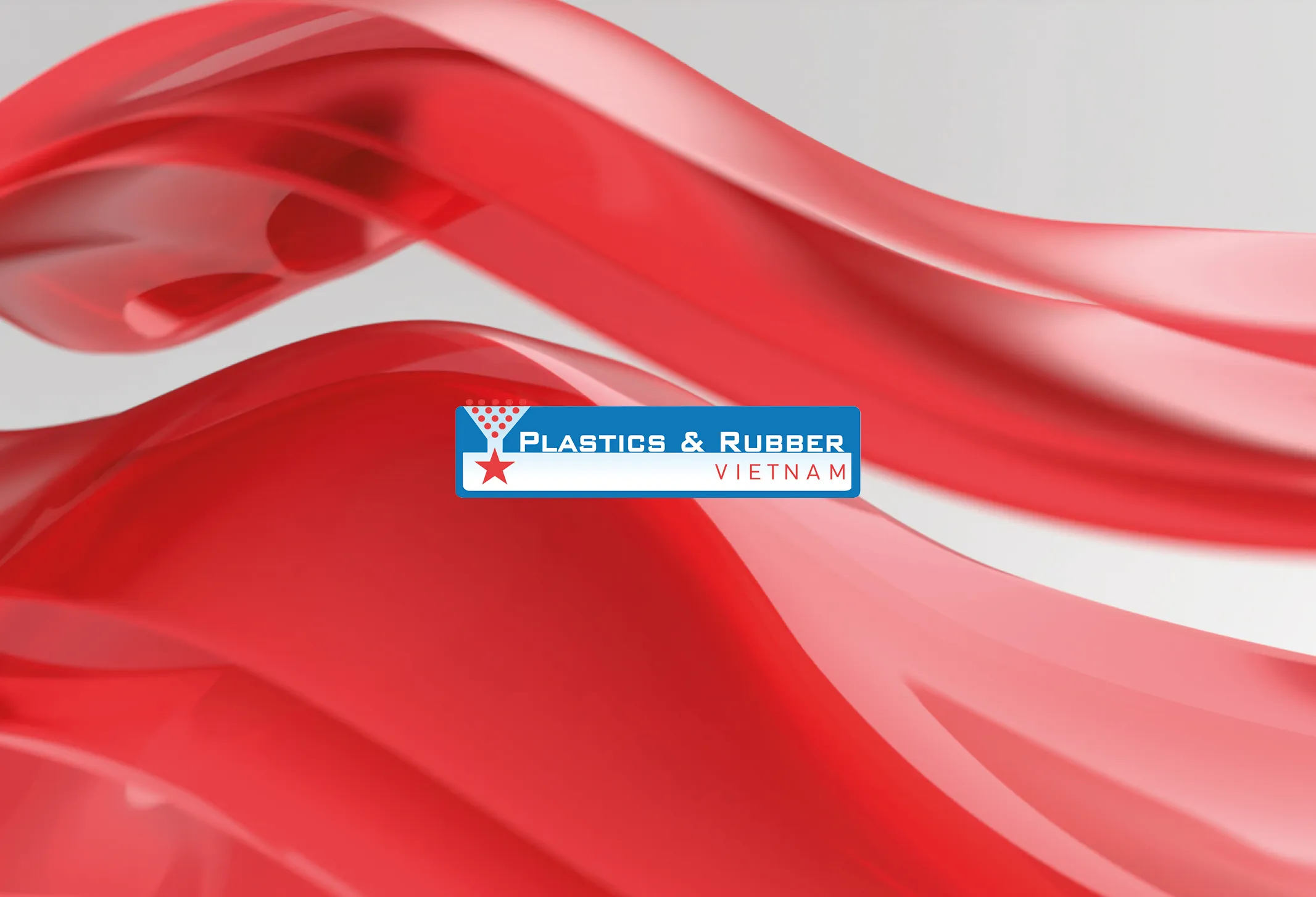 Flowing red abstract shapes with the "Plastics & Rubber Vietnam" logo centered.