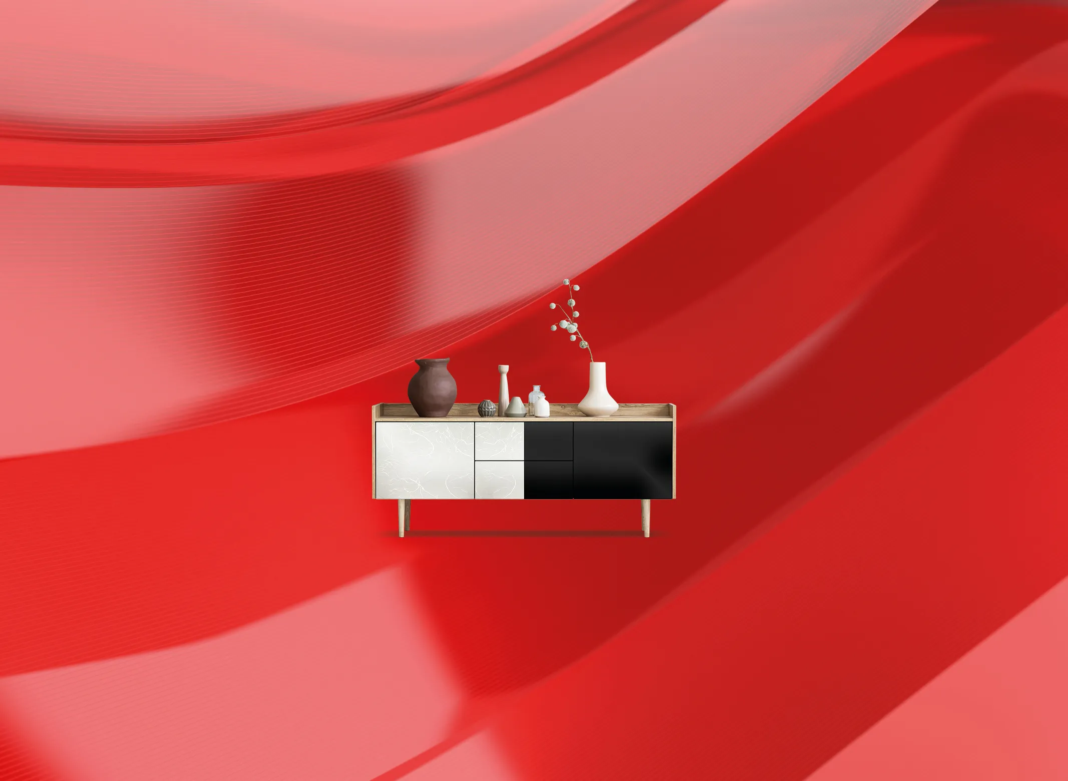 A modern cabinet with a variety of vases and decor items on top, set against a vibrant red abstract background.