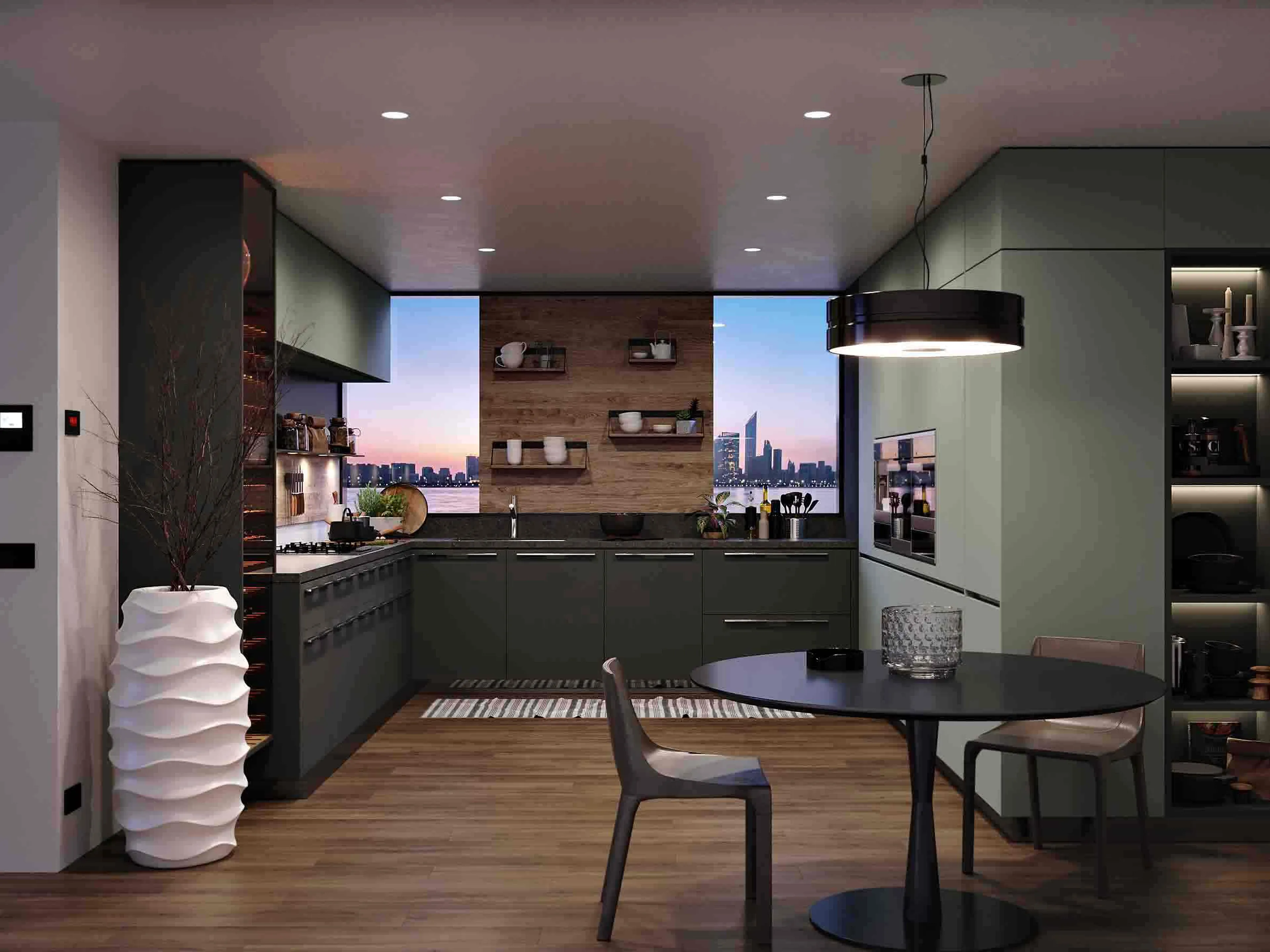 Modern kitchen with dark cabinets with senosan® premium furniture surface., a round table, and a city view through large windows. Warm lighting and wooden accents create a cozy atmosphere.